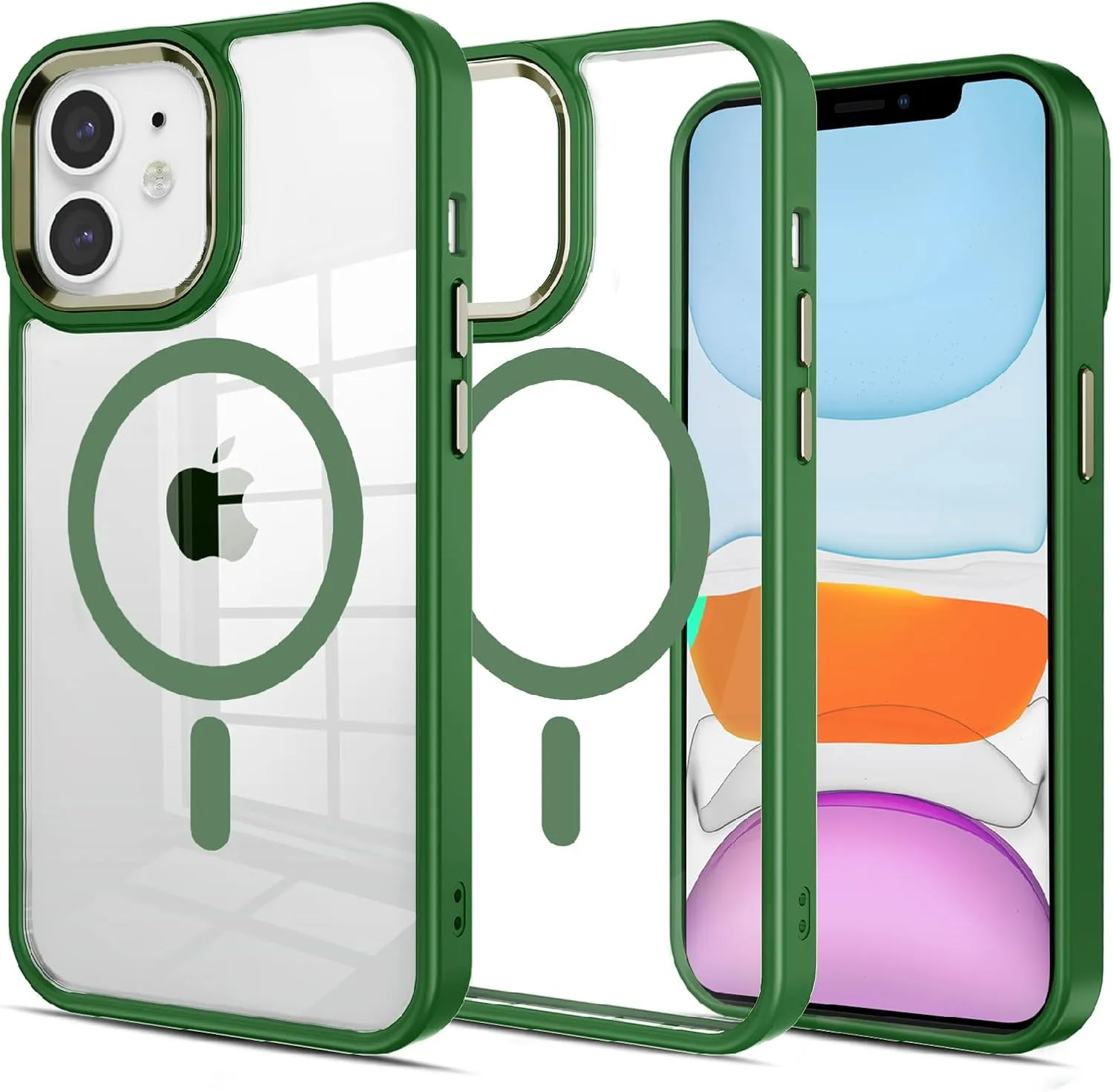 Case for iPhone 11 Phone Case,Compatible with Magsafe,16 FT Shockproof Military Drop Protection Phone Cover Fits iPhone 11 Case,Metal Button and Camera Frame Slim Green Phone Back Cover
