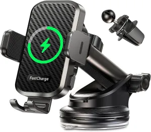 CHGeek Wireless Car Charger with Phone Holder Mount, 15W Fast Charging Auto Clamping Phone Holders for You Car Windshield Dashboard Air Vent Accessories for iPhone, Samsung Galaxy, Google, etc