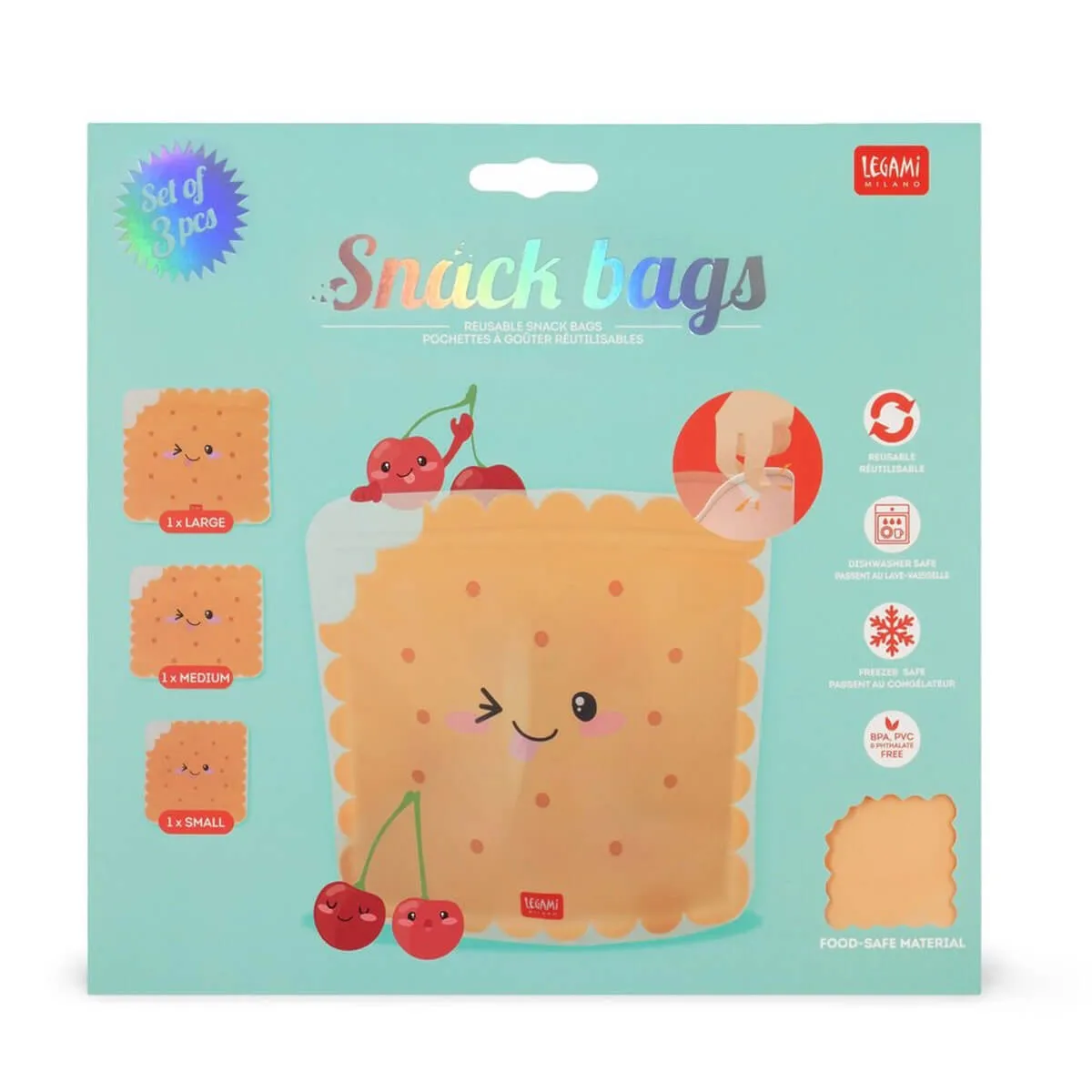 Cookie Set Of Three Reuseable Snack Bags by Legami