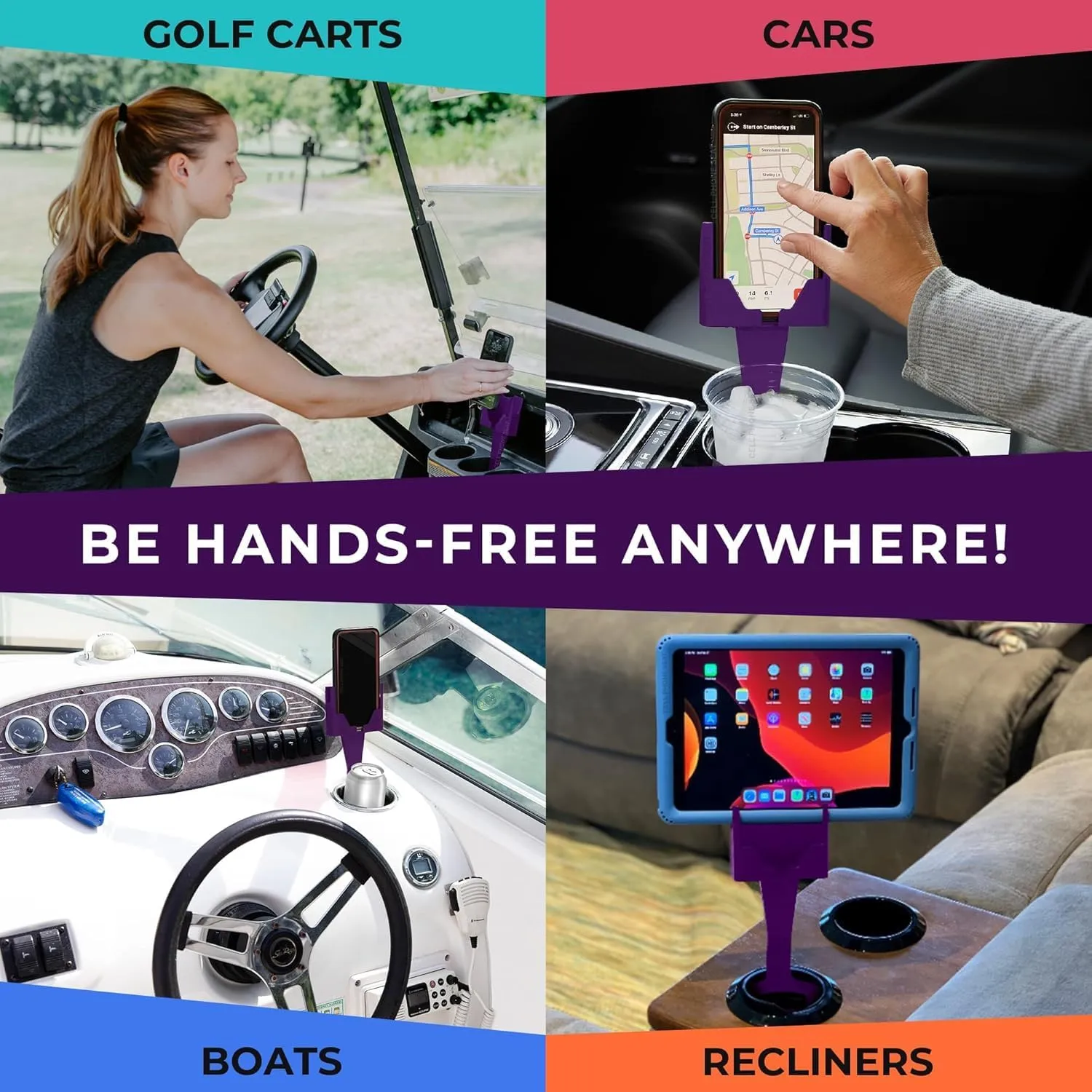 Cup Holder Phone Holders for Your Car Cupholder - Made in USA - Cup Holder Phone Mount for Car, Universal Compatible with All Smartphones, iPhone, Samsung, Google, Android Cellphone Stand Royal Purple
