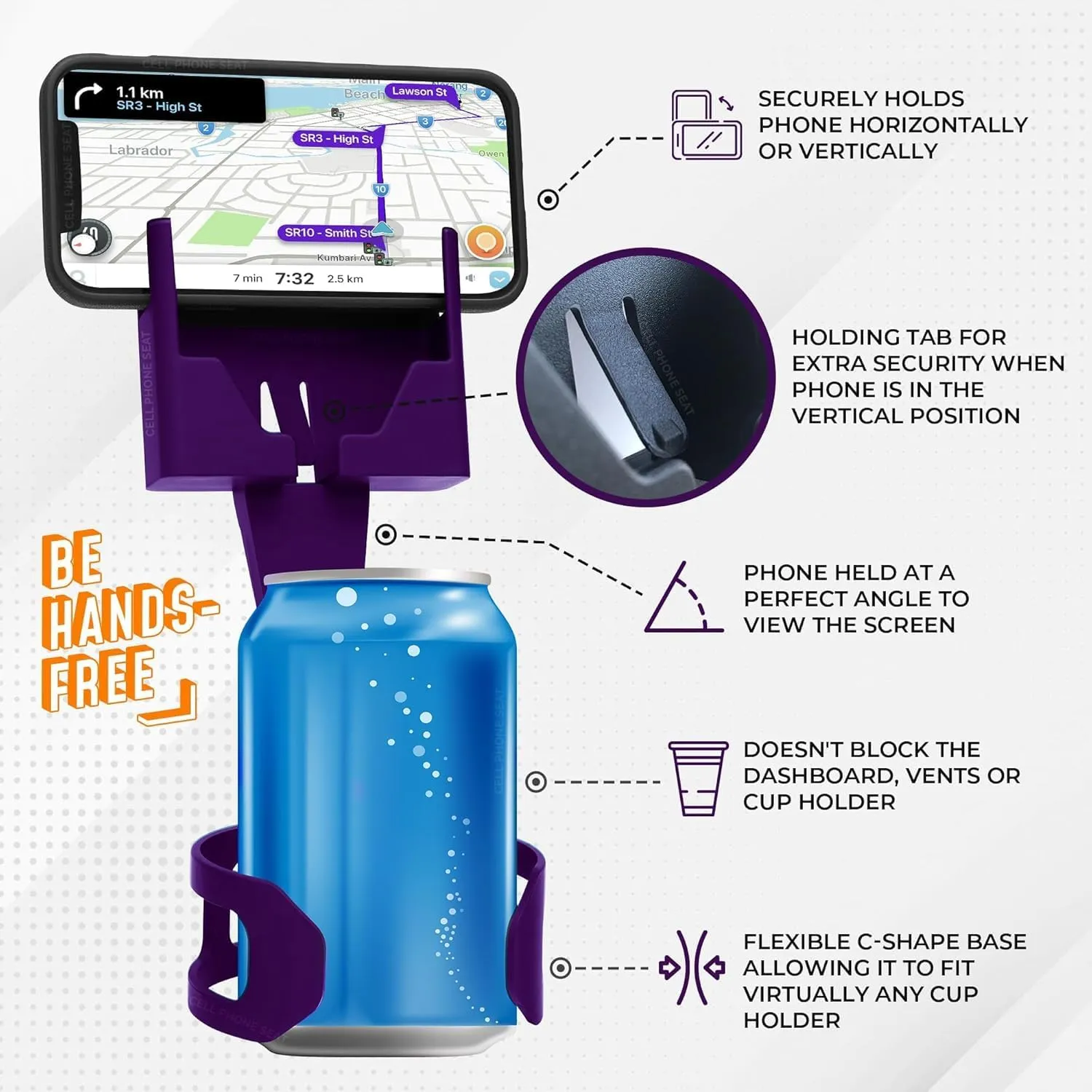 Cup Holder Phone Holders for Your Car Cupholder - Made in USA - Cup Holder Phone Mount for Car, Universal Compatible with All Smartphones, iPhone, Samsung, Google, Android Cellphone Stand Royal Purple