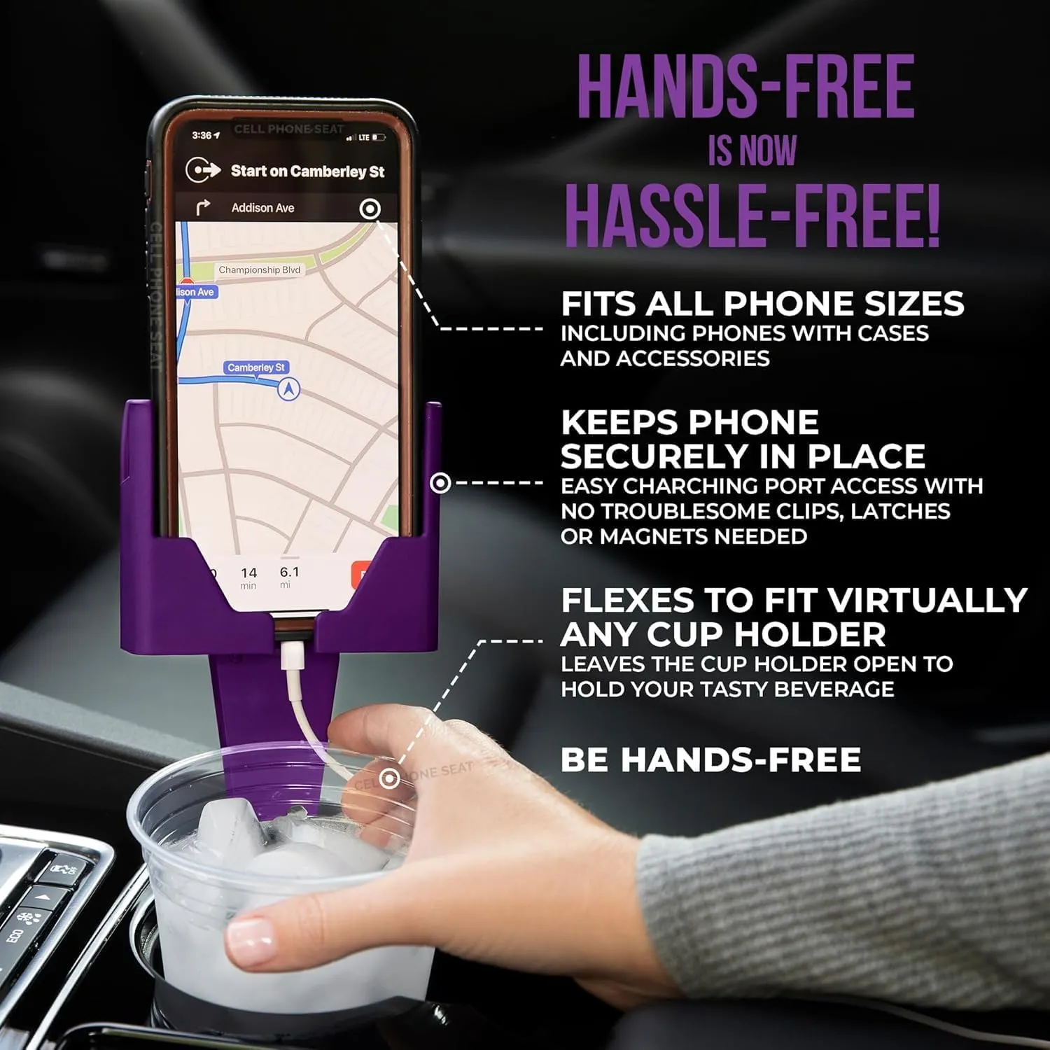 Cup Holder Phone Holders for Your Car Cupholder - Made in USA - Cup Holder Phone Mount for Car, Universal Compatible with All Smartphones, iPhone, Samsung, Google, Android Cellphone Stand Royal Purple