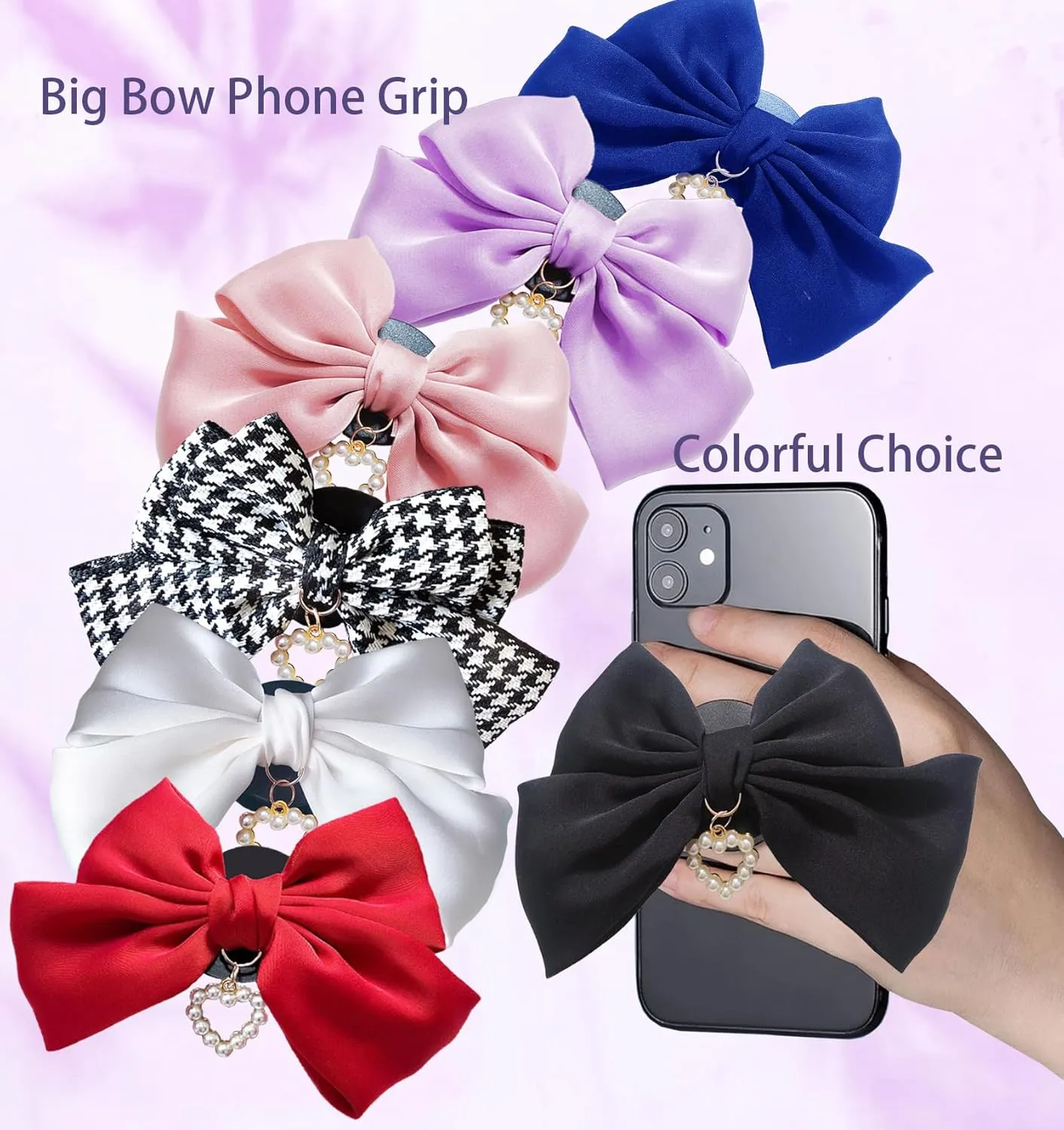 Cute Bow Phone Stands Fashion Cellphone Charm Grip Holder Universal Rotatable (Black)
