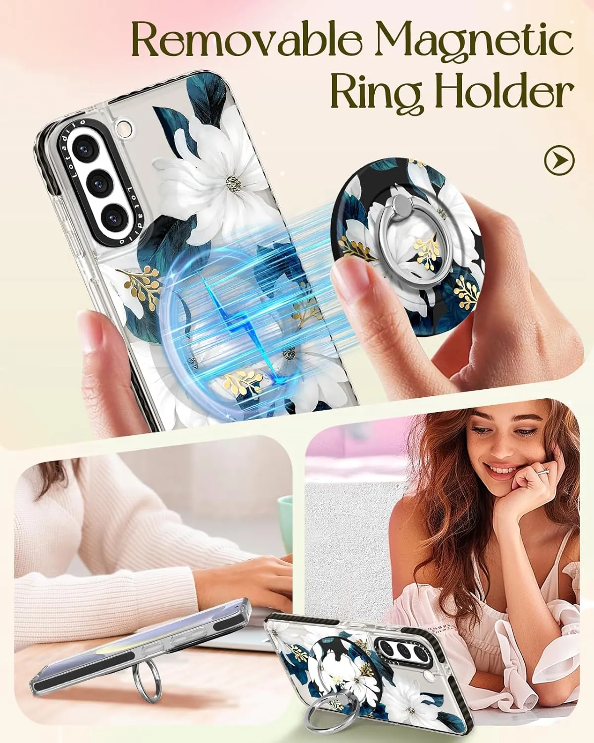 Cute Case for Samsung Galaxy S21 for Women Girls - Funny Design Compatible with Magsafe Magnetic Ring Holder Kickstand Art Blue Flower Fashion Pattern TPU Phone Covers