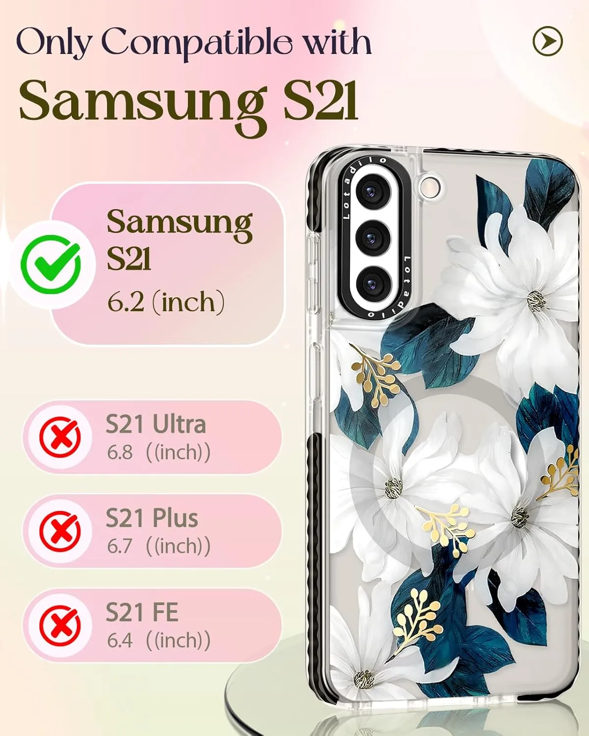 Cute Case for Samsung Galaxy S21 for Women Girls - Funny Design Compatible with Magsafe Magnetic Ring Holder Kickstand Art Blue Flower Fashion Pattern TPU Phone Covers