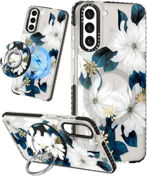 Cute Case for Samsung Galaxy S21 for Women Girls - Funny Design Compatible with Magsafe Magnetic Ring Holder Kickstand Art Blue Flower Fashion Pattern TPU Phone Covers