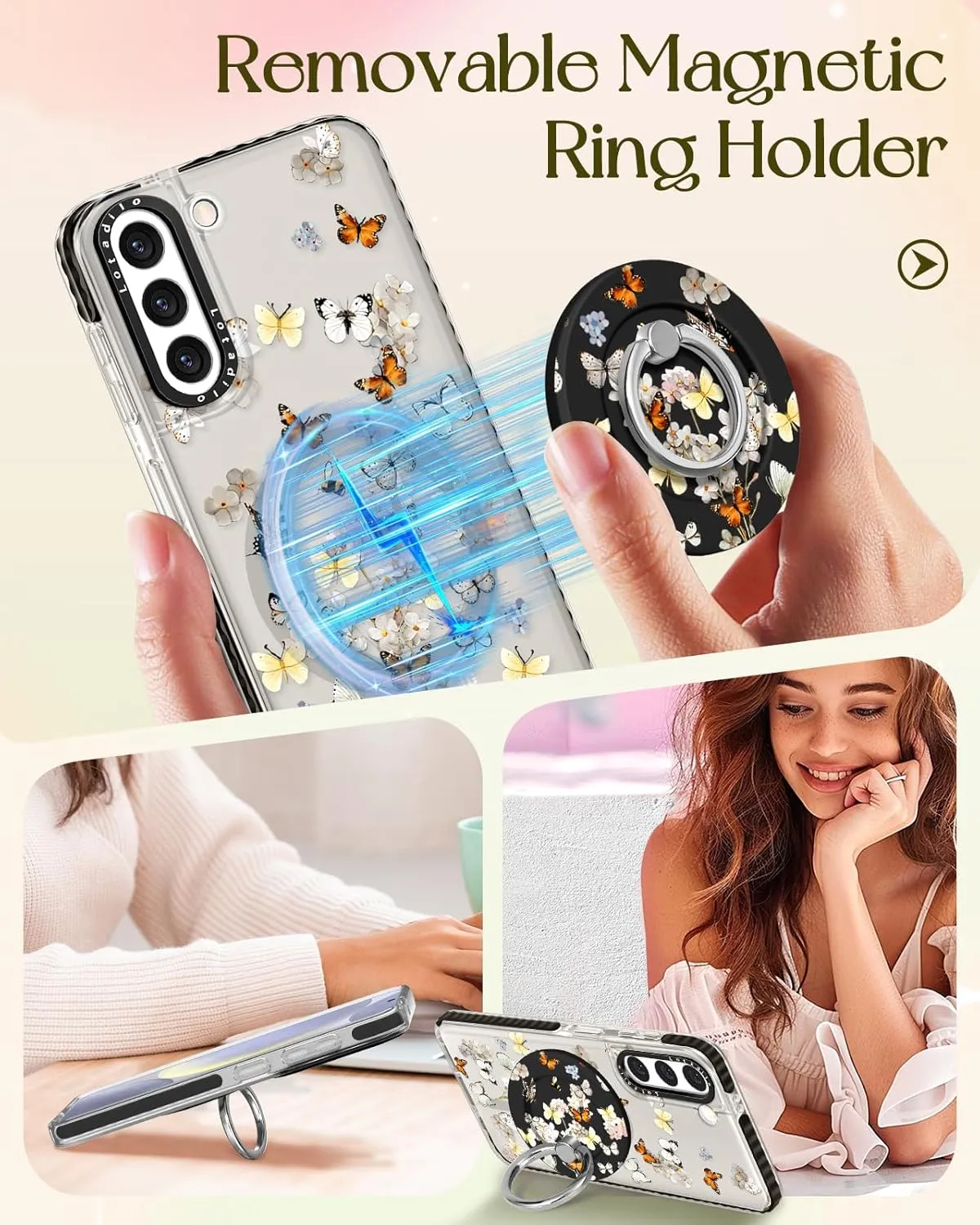Cute Case for Samsung Galaxy S21 for Women Girls - Funny Design Compatible with Magsafe Magnetic Ring Holder Kickstand Art Butterfly Flower Fashion Pattern TPU Phone Covers