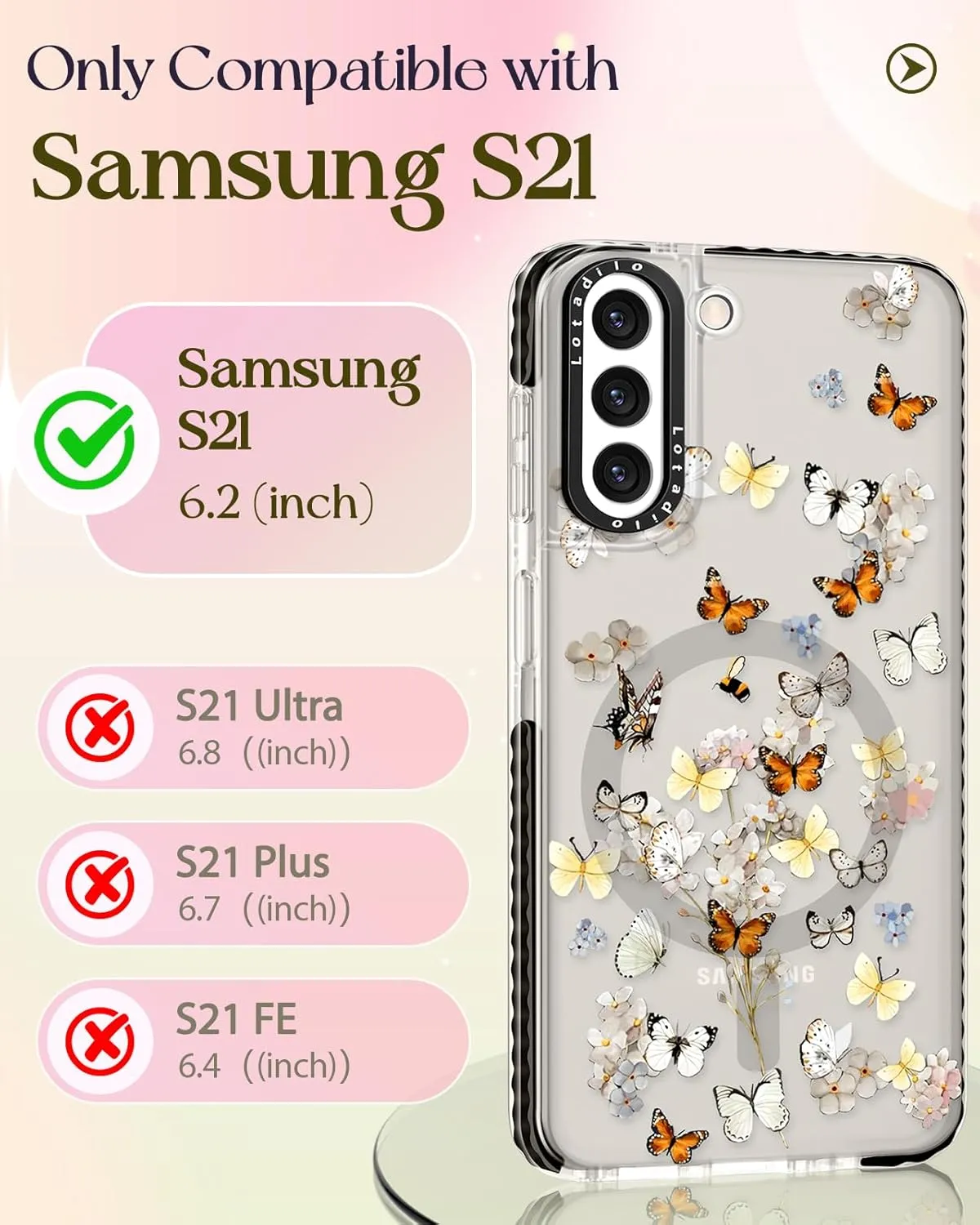 Cute Case for Samsung Galaxy S21 for Women Girls - Funny Design Compatible with Magsafe Magnetic Ring Holder Kickstand Art Butterfly Flower Fashion Pattern TPU Phone Covers