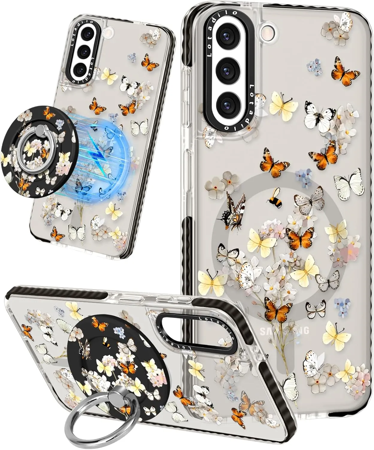 Cute Case for Samsung Galaxy S21 for Women Girls - Funny Design Compatible with Magsafe Magnetic Ring Holder Kickstand Art Butterfly Flower Fashion Pattern TPU Phone Covers