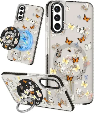 Cute Case for Samsung Galaxy S21 for Women Girls - Funny Design Compatible with Magsafe Magnetic Ring Holder Kickstand Art Butterfly Flower Fashion Pattern TPU Phone Covers