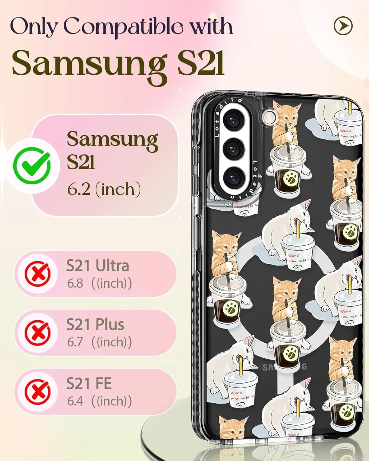 Cute Case for Samsung Galaxy S21 for Women Girls - Funny Design Compatible with Magsafe Magnetic Ring Holder Kickstand Art Cat Cafei Fashion Pattern TPU Phone Covers
