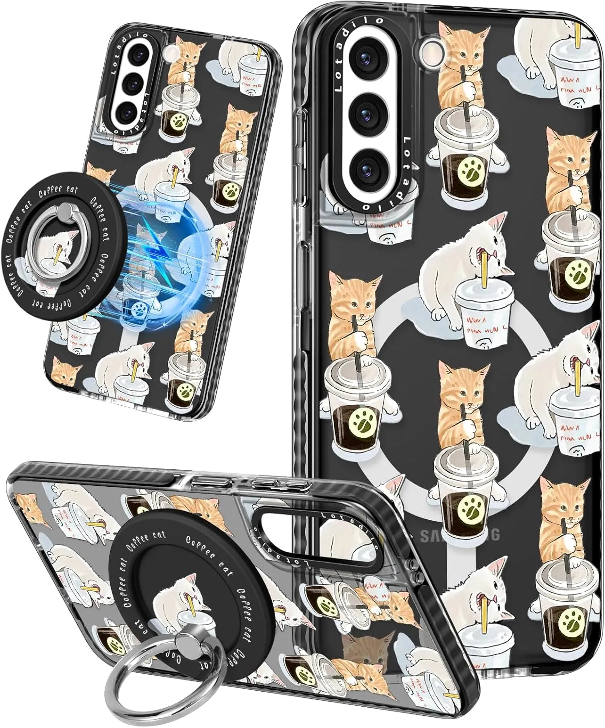 Cute Case for Samsung Galaxy S21 for Women Girls - Funny Design Compatible with Magsafe Magnetic Ring Holder Kickstand Art Cat Cafei Fashion Pattern TPU Phone Covers