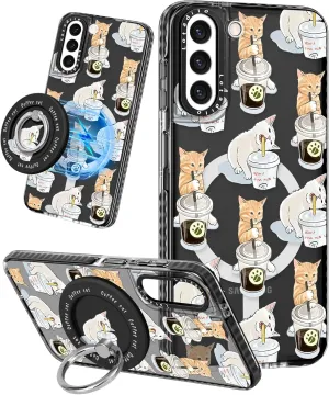 Cute Case for Samsung Galaxy S21 for Women Girls - Funny Design Compatible with Magsafe Magnetic Ring Holder Kickstand Art Cat Cafei Fashion Pattern TPU Phone Covers