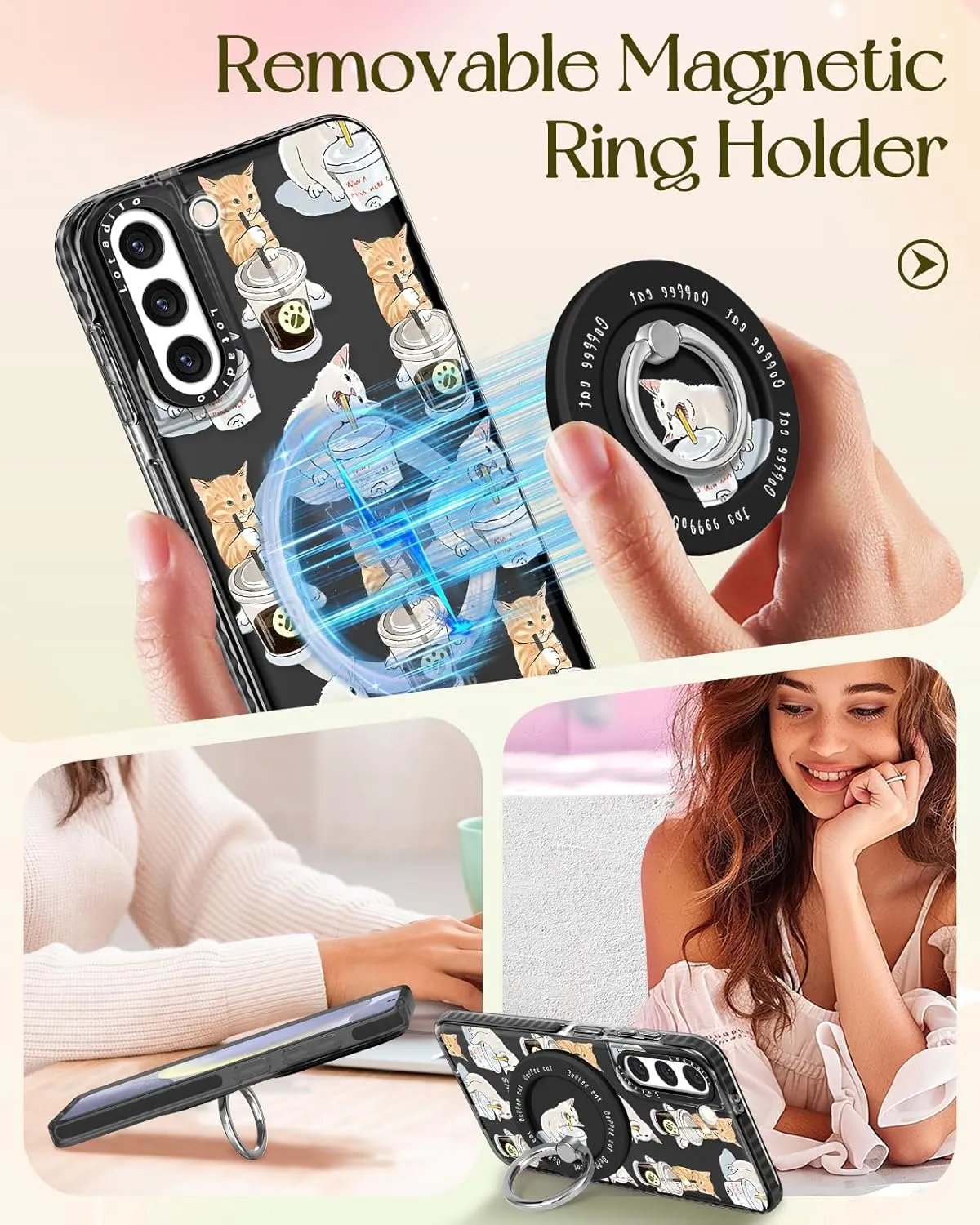 Cute Case for Samsung Galaxy S21 for Women Girls - Funny Design Compatible with Magsafe Magnetic Ring Holder Kickstand Art Cat Cafei Fashion Pattern TPU Phone Covers
