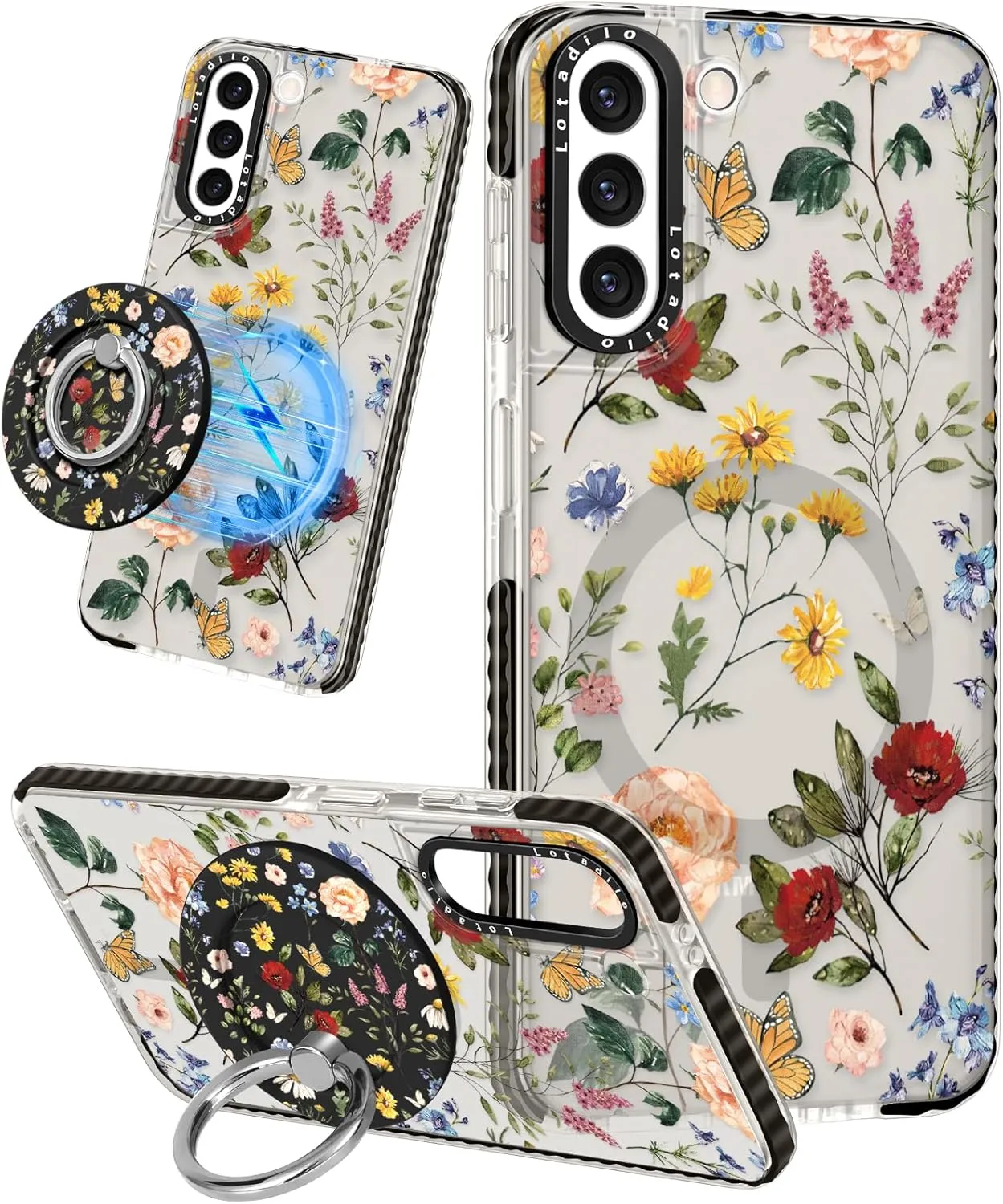 Cute Case for Samsung Galaxy S21 for Women Girls - Funny Design Compatible with Magsafe Magnetic Ring Holder Kickstand Art Retro Flower Fashion Pattern TPU Phone Covers