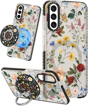 Cute Case for Samsung Galaxy S21 for Women Girls - Funny Design Compatible with Magsafe Magnetic Ring Holder Kickstand Art Retro Flower Fashion Pattern TPU Phone Covers