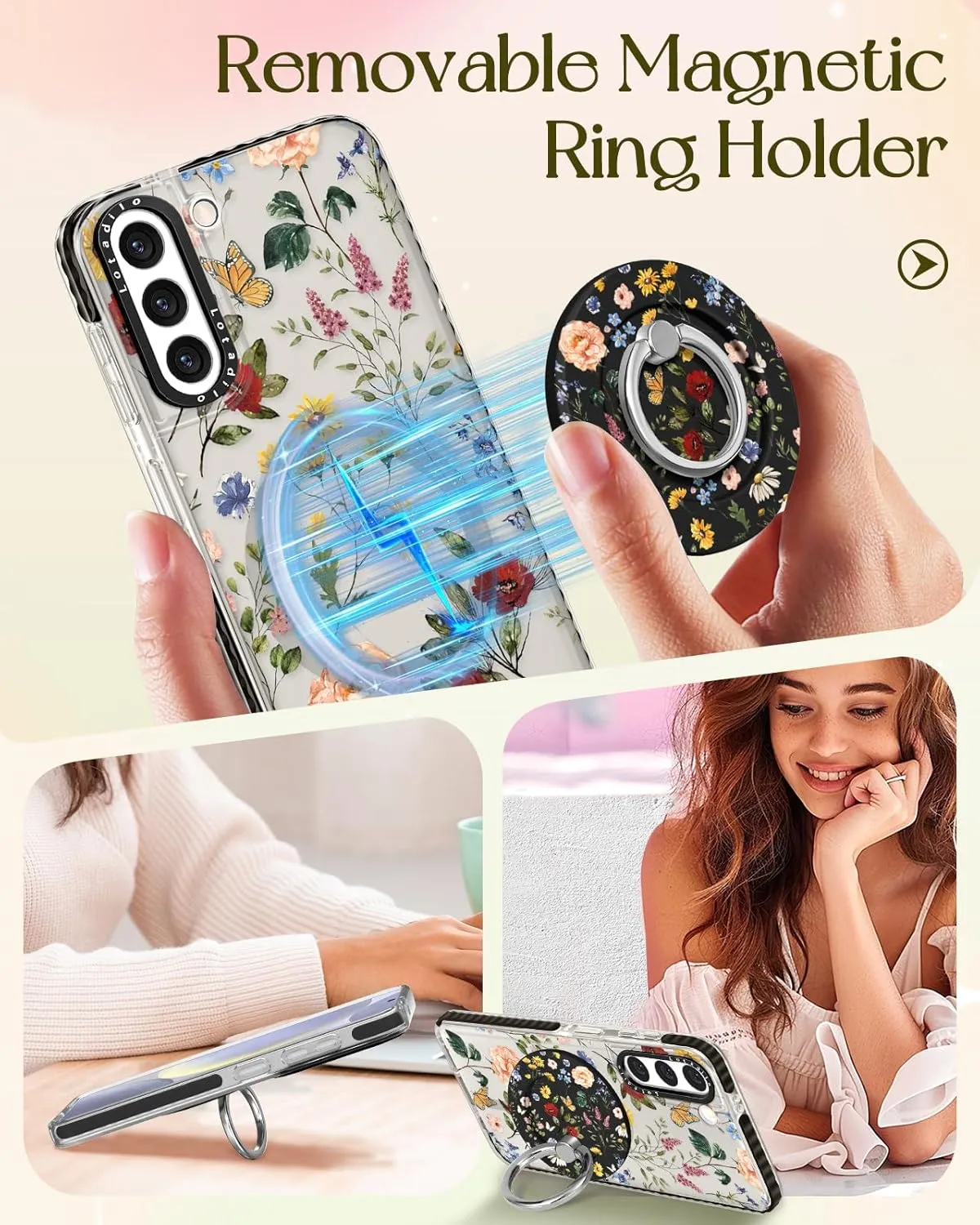 Cute Case for Samsung Galaxy S21 for Women Girls - Funny Design Compatible with Magsafe Magnetic Ring Holder Kickstand Art Retro Flower Fashion Pattern TPU Phone Covers