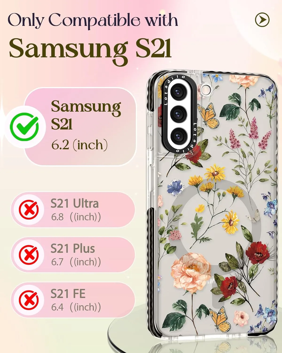 Cute Case for Samsung Galaxy S21 for Women Girls - Funny Design Compatible with Magsafe Magnetic Ring Holder Kickstand Art Retro Flower Fashion Pattern TPU Phone Covers