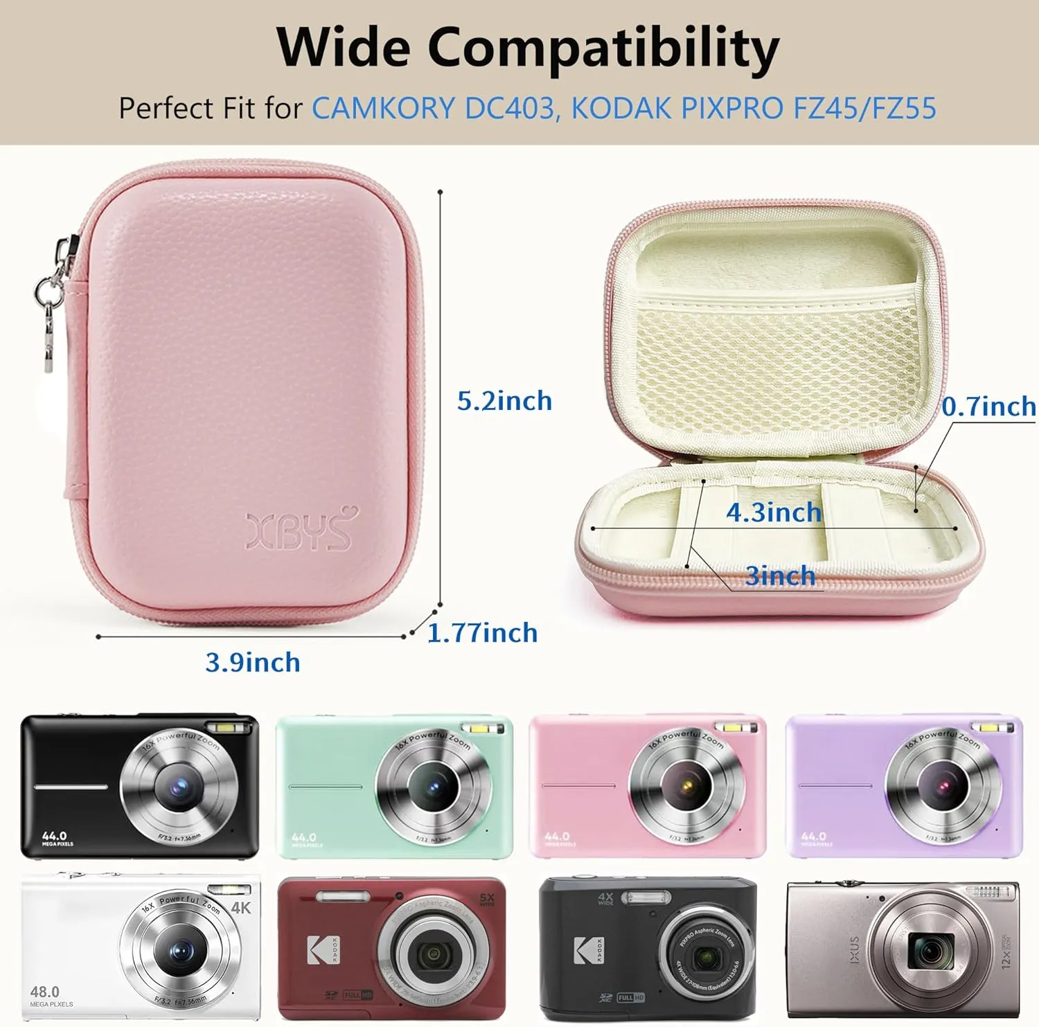 Digital Camera Case for CAMKORY, KODAK PIXPRO FZ45/FZ55, Canon IXUS 285 HS, Lecran, Small Travel Compact Camera Pouch with Mesh Pocket for Accessories SD Card (Pink)