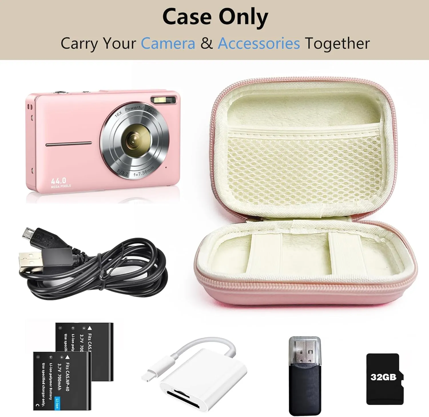 Digital Camera Case for CAMKORY, KODAK PIXPRO FZ45/FZ55, Canon IXUS 285 HS, Lecran, Small Travel Compact Camera Pouch with Mesh Pocket for Accessories SD Card (Pink)