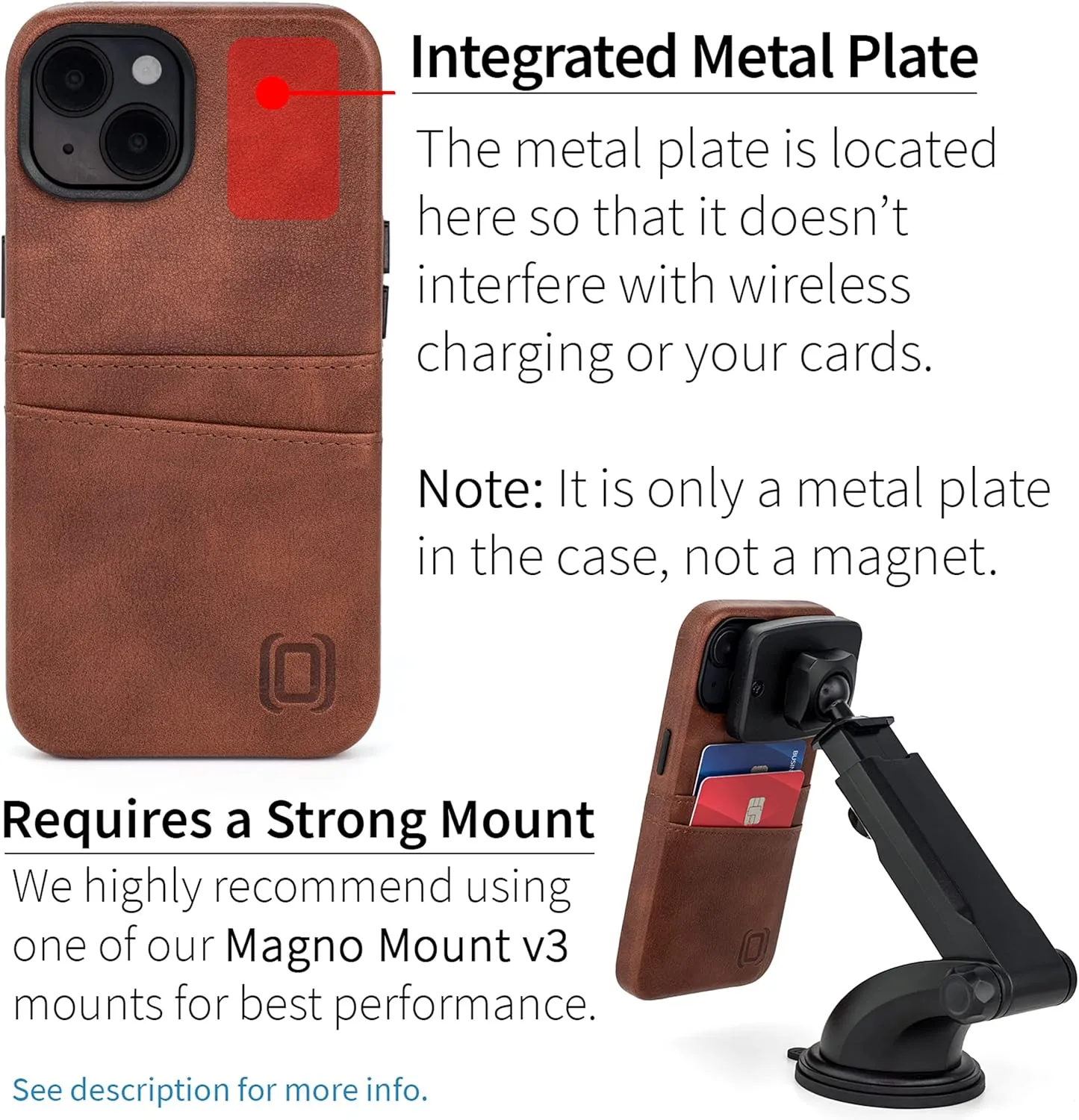 Dockem Card Case for iPhone 14 with Built-in Metal Plate for Magnetic Mounting & 2 Pockets: Exec M2 Premium Synthetic Leather Wallet Case (iPhone 14, Brown)
