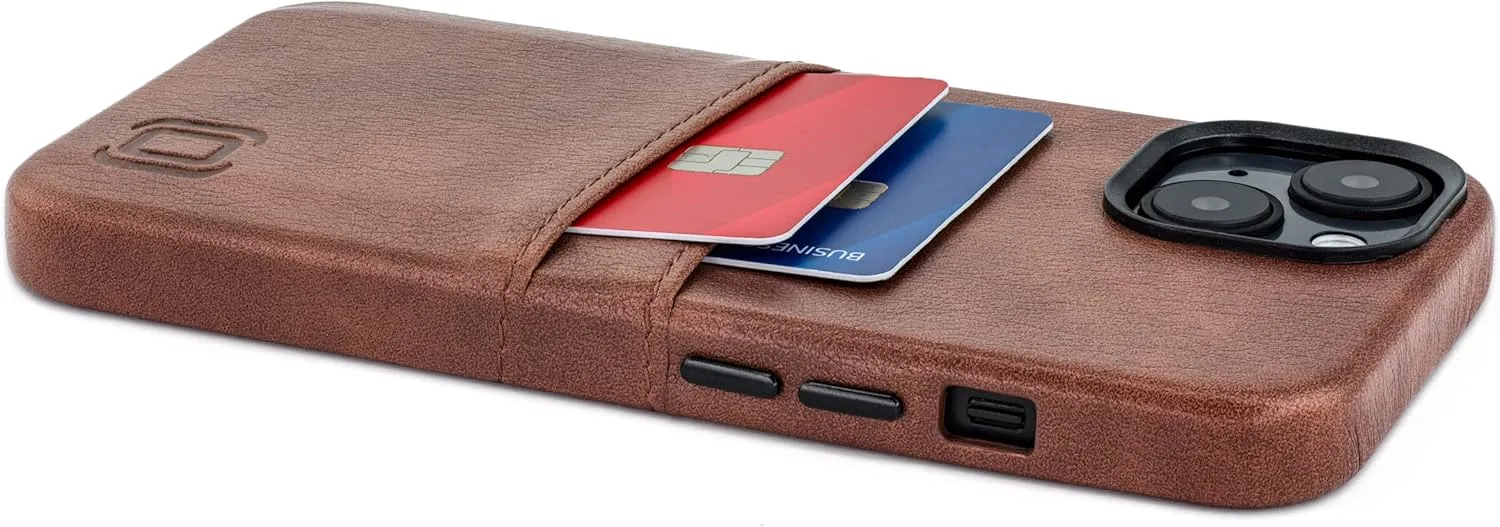 Dockem Card Case for iPhone 14 with Built-in Metal Plate for Magnetic Mounting & 2 Pockets: Exec M2 Premium Synthetic Leather Wallet Case (iPhone 14, Brown)