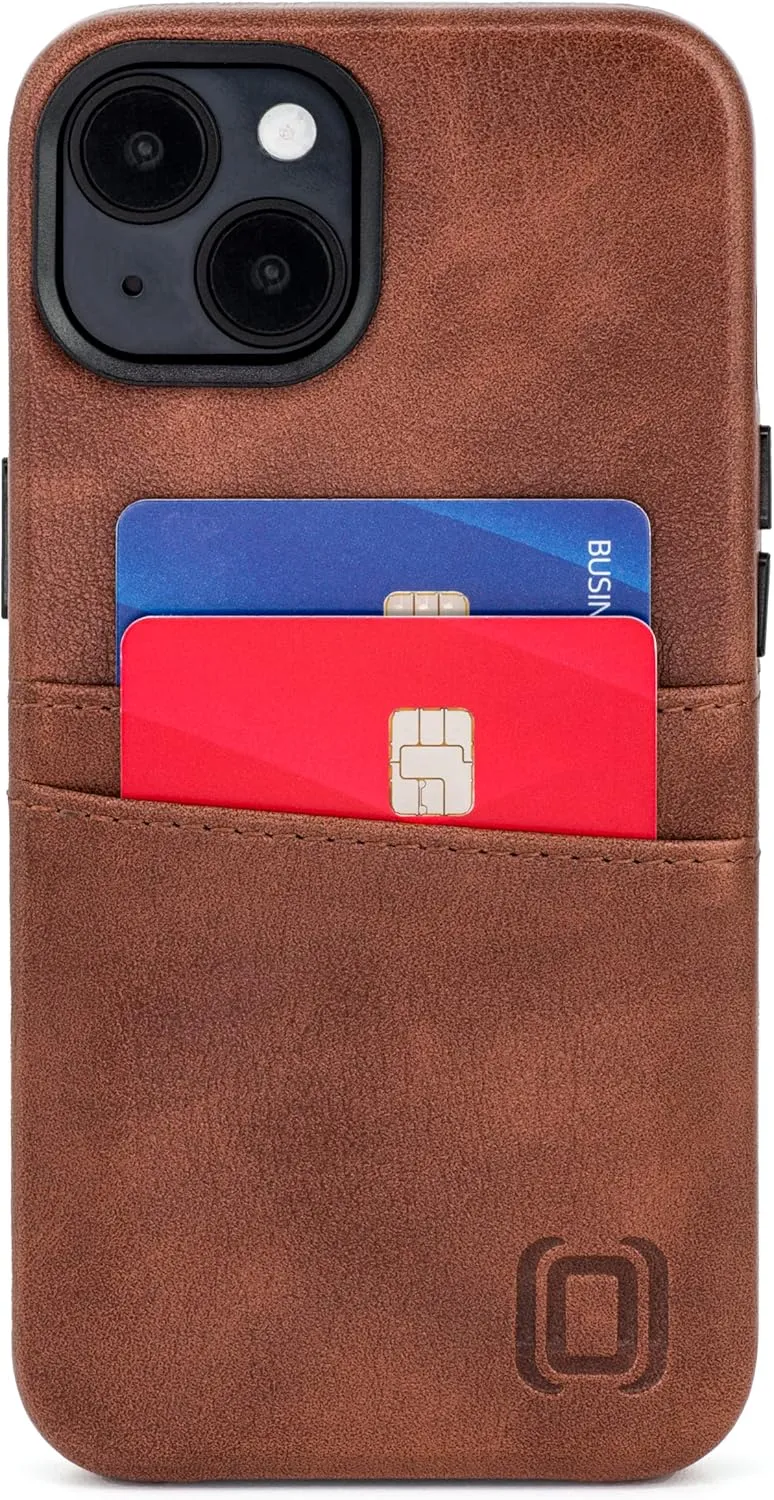 Dockem Card Case for iPhone 14 with Built-in Metal Plate for Magnetic Mounting & 2 Pockets: Exec M2 Premium Synthetic Leather Wallet Case (iPhone 14, Brown)