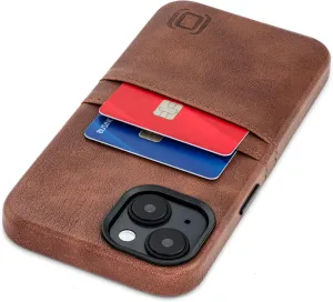 Dockem Card Case for iPhone 14 with Built-in Metal Plate for Magnetic Mounting & 2 Pockets: Exec M2 Premium Synthetic Leather Wallet Case (iPhone 14, Brown)