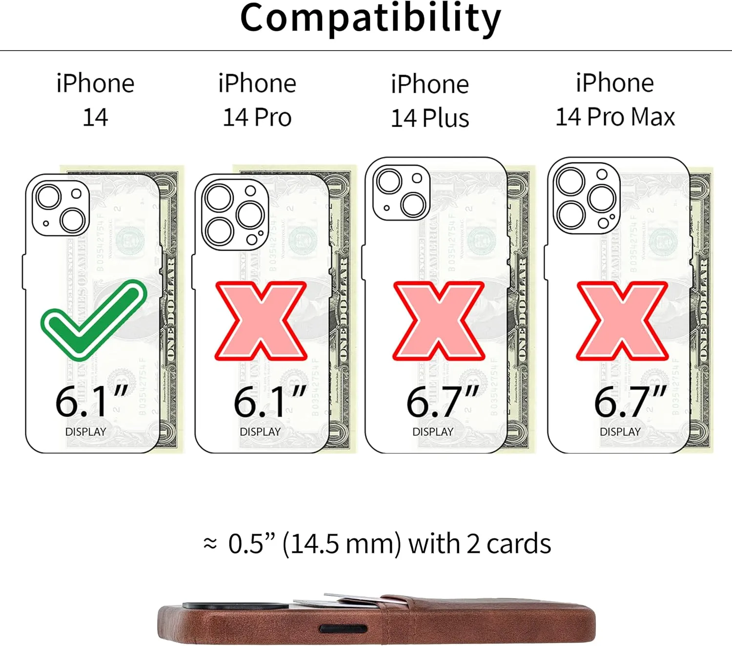 Dockem Card Case for iPhone 14 with Built-in Metal Plate for Magnetic Mounting & 2 Pockets: Exec M2 Premium Synthetic Leather Wallet Case (iPhone 14, Brown)