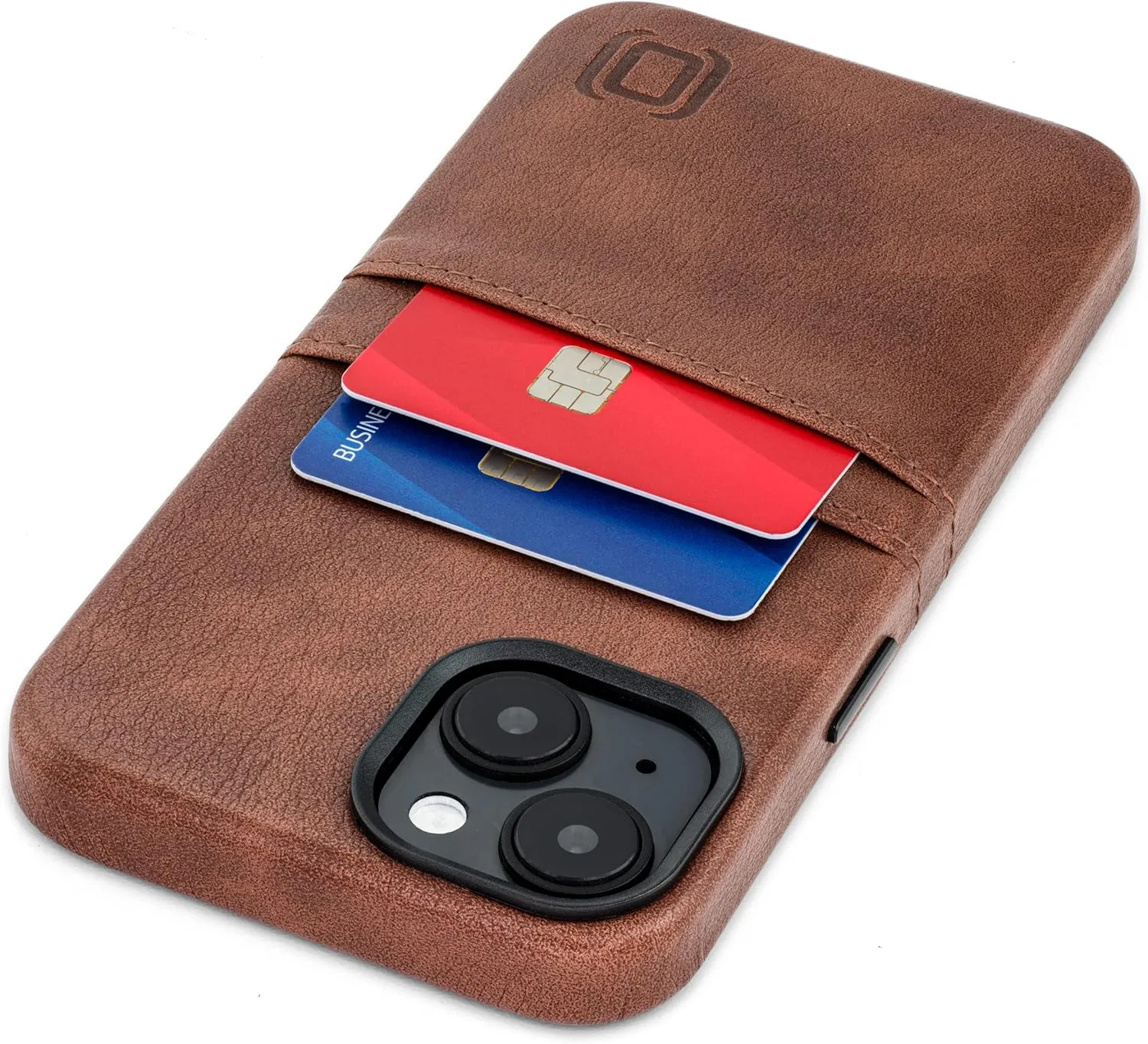Dockem Card Case for iPhone 14 with Built-in Metal Plate for Magnetic Mounting & 2 Pockets: Exec M2 Premium Synthetic Leather Wallet Case (iPhone 14, Brown)