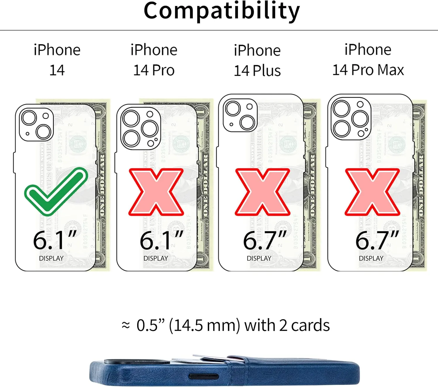 Dockem Card Case for iPhone 14 with Built-in Metal Plate for Magnetic Mounting & 2 Pockets: Exec M2 Premium Synthetic Leather Wallet Case (iPhone 14, Navy)