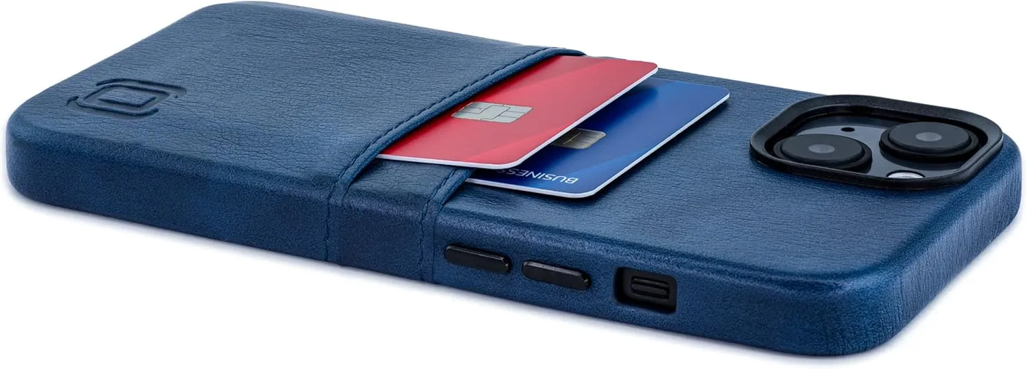 Dockem Card Case for iPhone 14 with Built-in Metal Plate for Magnetic Mounting & 2 Pockets: Exec M2 Premium Synthetic Leather Wallet Case (iPhone 14, Navy)