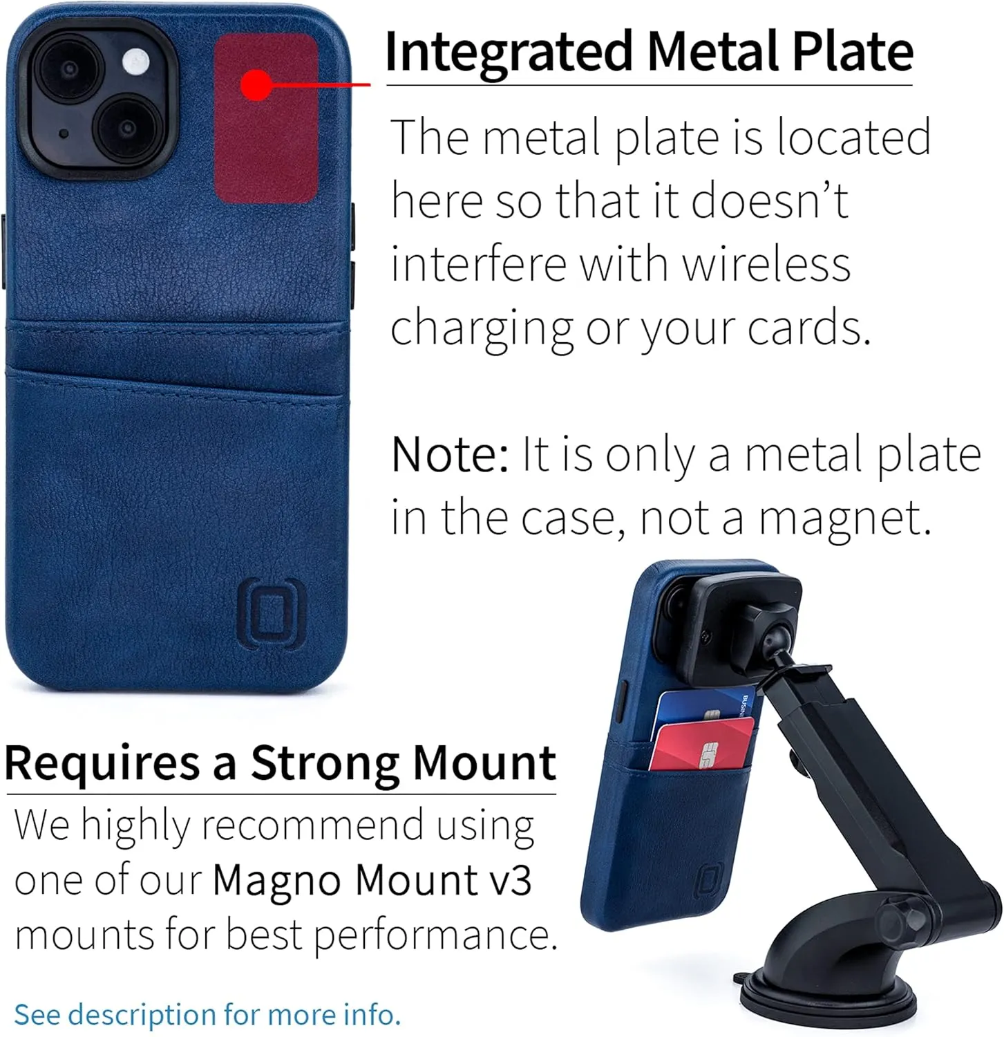 Dockem Card Case for iPhone 14 with Built-in Metal Plate for Magnetic Mounting & 2 Pockets: Exec M2 Premium Synthetic Leather Wallet Case (iPhone 14, Navy)