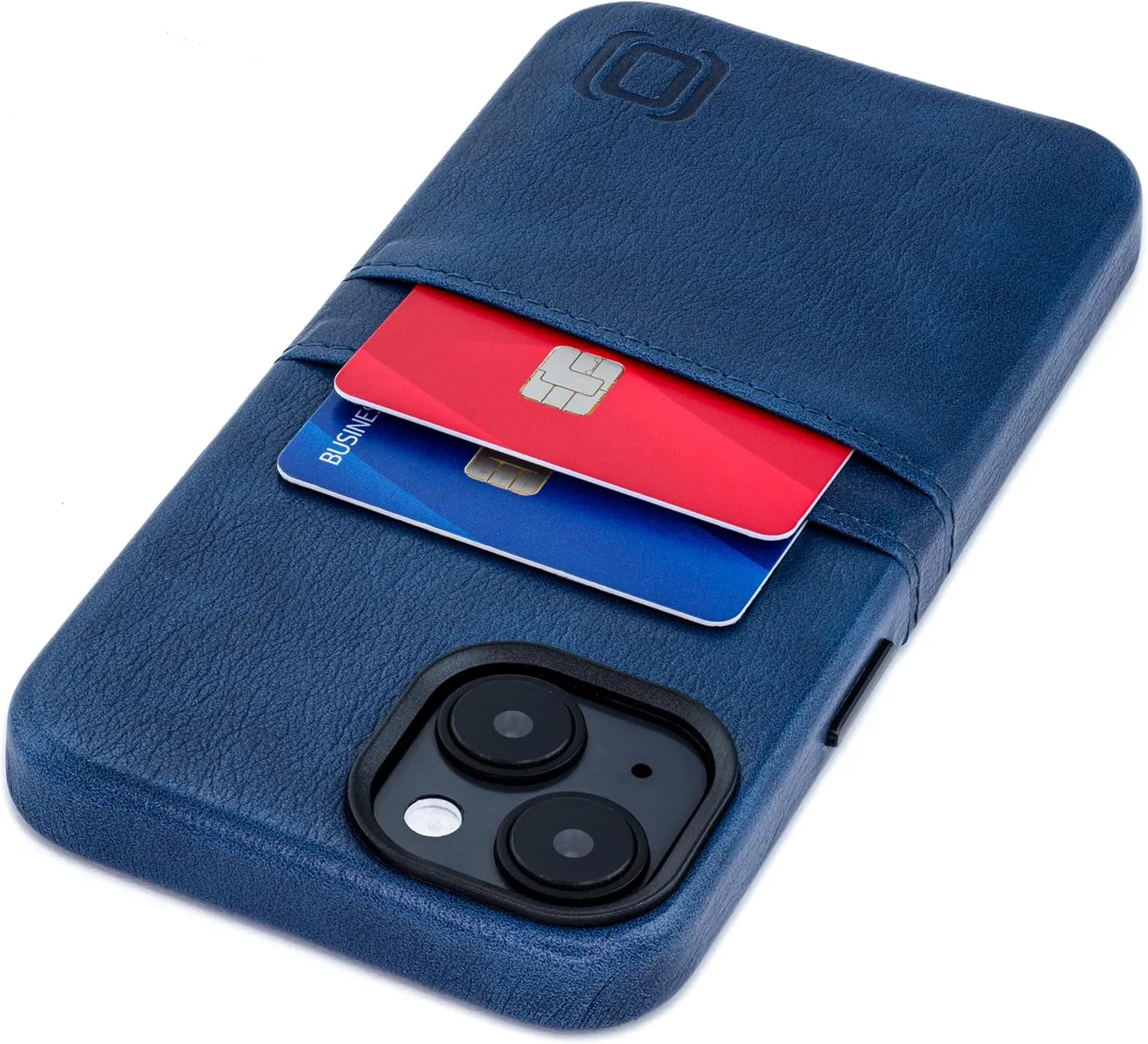Dockem Card Case for iPhone 14 with Built-in Metal Plate for Magnetic Mounting & 2 Pockets: Exec M2 Premium Synthetic Leather Wallet Case (iPhone 14, Navy)