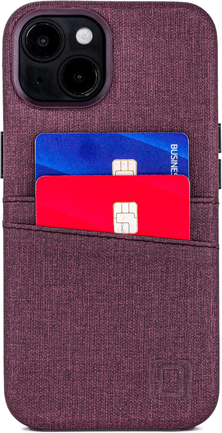 Dockem iPhone 14 Card Case with Built-in Metal Plate for Magnetic Mounting & 2 Card Holder Pockets: Luxe M2 Wallet, Canvas Style Synthetic Leather (iPhone 14, Burgundy)