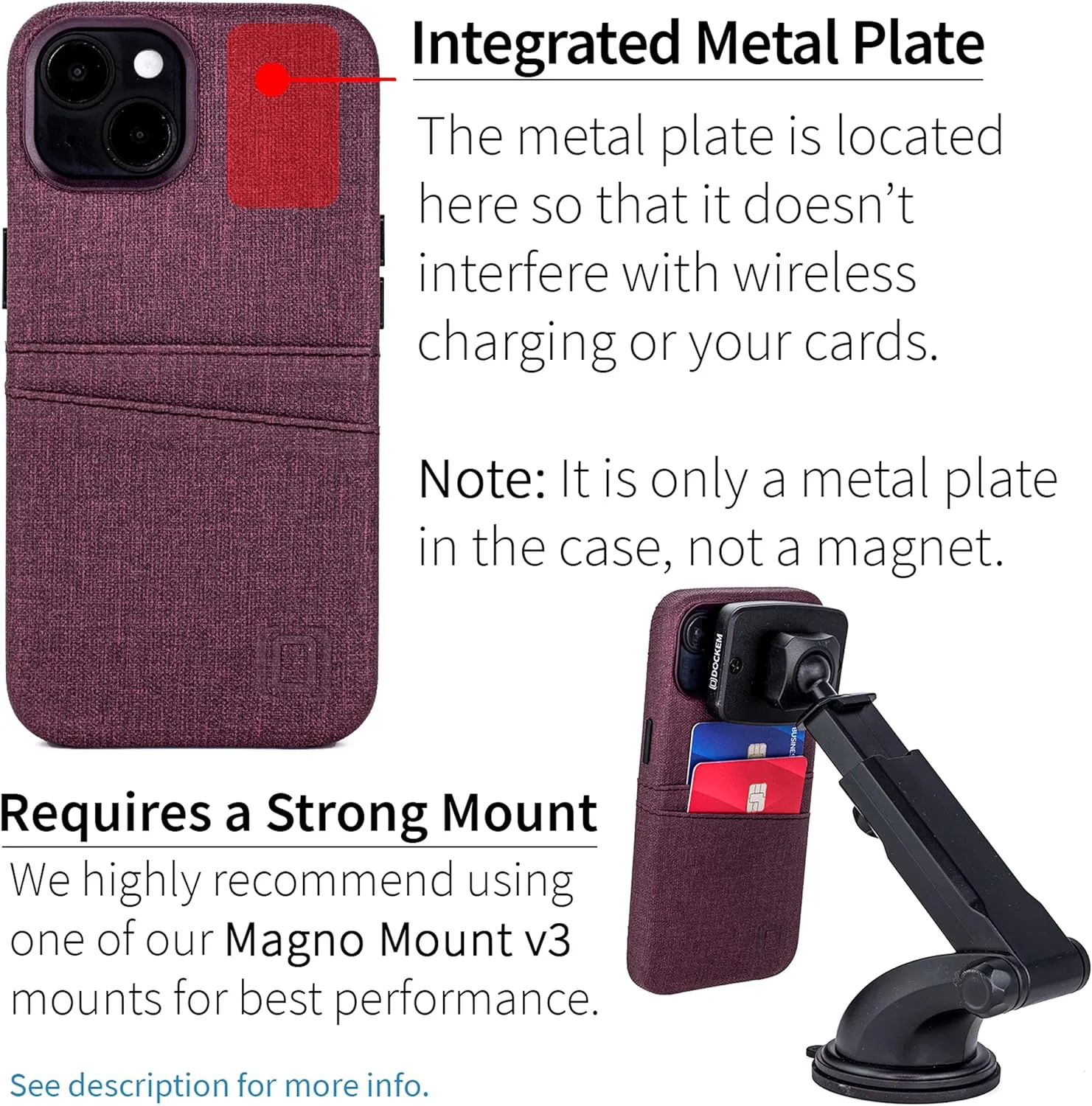 Dockem iPhone 14 Card Case with Built-in Metal Plate for Magnetic Mounting & 2 Card Holder Pockets: Luxe M2 Wallet, Canvas Style Synthetic Leather (iPhone 14, Burgundy)