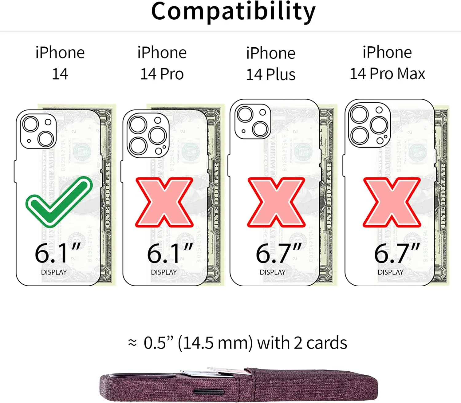 Dockem iPhone 14 Card Case with Built-in Metal Plate for Magnetic Mounting & 2 Card Holder Pockets: Luxe M2 Wallet, Canvas Style Synthetic Leather (iPhone 14, Burgundy)