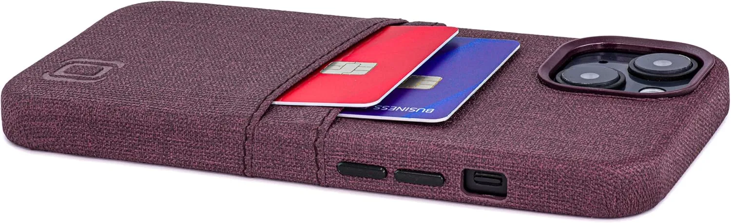 Dockem iPhone 14 Card Case with Built-in Metal Plate for Magnetic Mounting & 2 Card Holder Pockets: Luxe M2 Wallet, Canvas Style Synthetic Leather (iPhone 14, Burgundy)