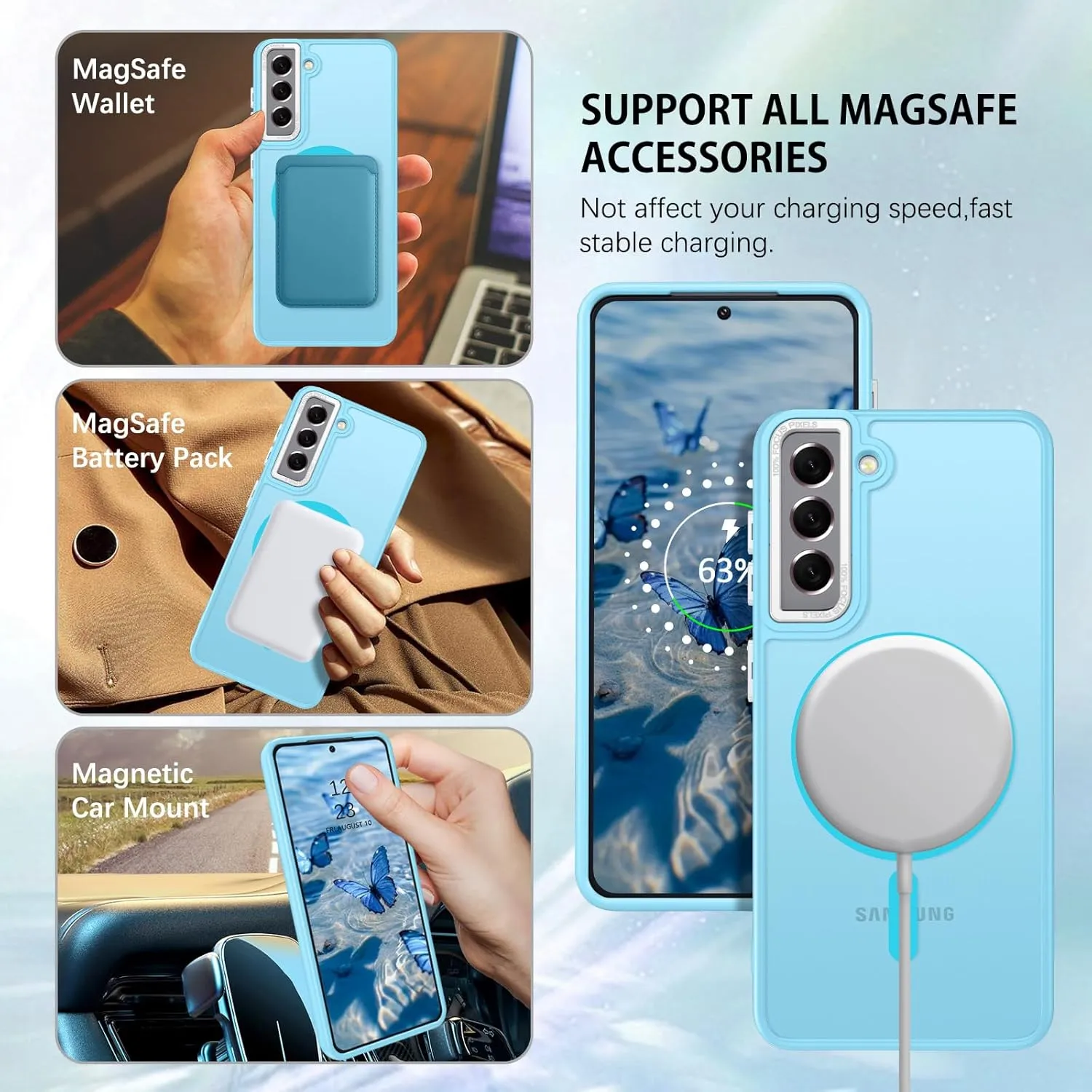 DUEDUE for Samsung Galaxy S21 Case Magnetic[Compatible with Magsafe], Translucent Matte Back Anti-Scratch Full Body Protective Cover Shockproof Phone Case for Galaxy S21 6.2", Light Blue