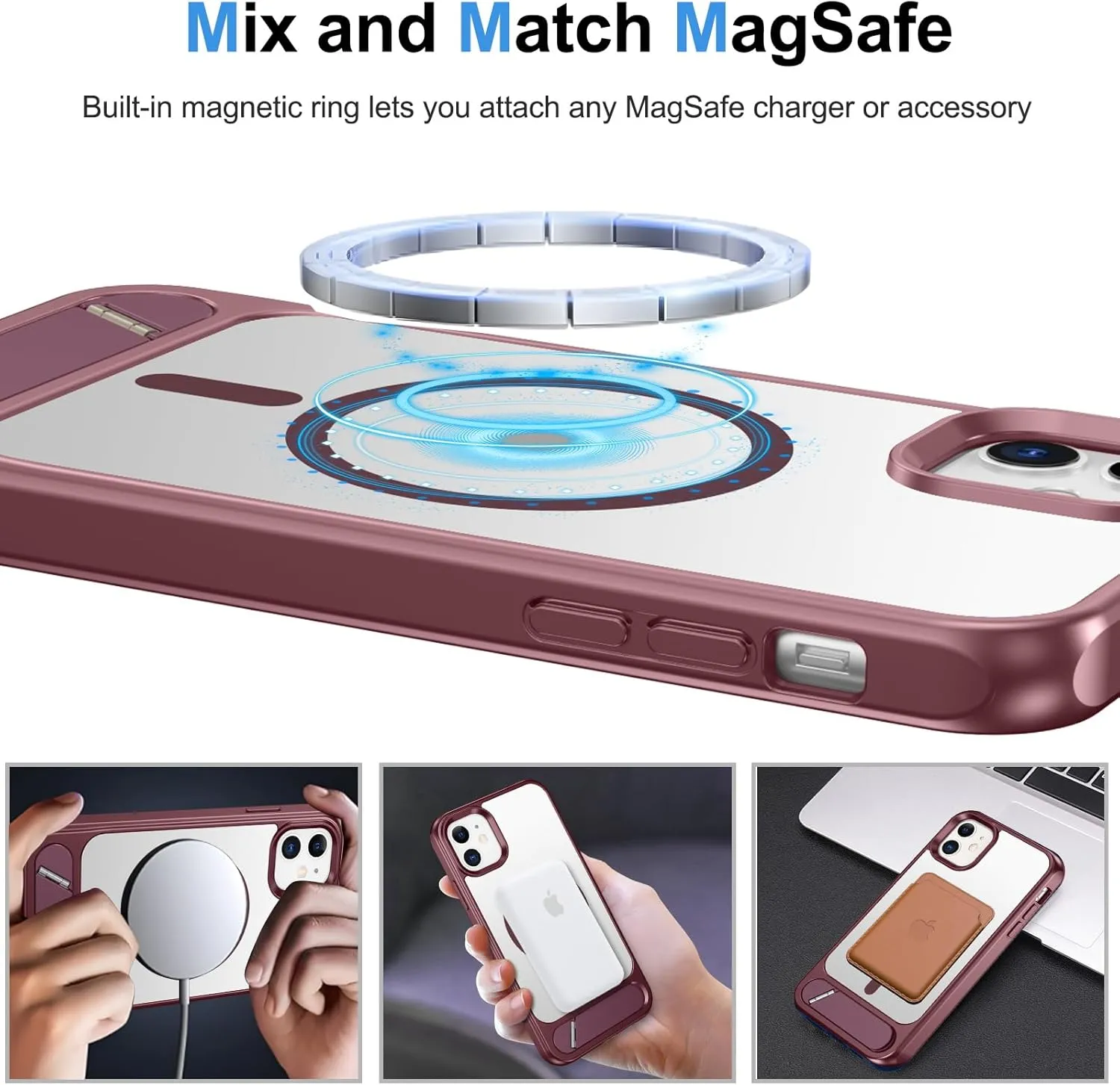 DUEDUE Magnetic for iPhone 11 Phone Case with Stand[Compatible with Magsafe], Translucent Matte Metal Kickstand Cover Shockproof Phone Case for Apple iPhone 11 6.1", Wine Red