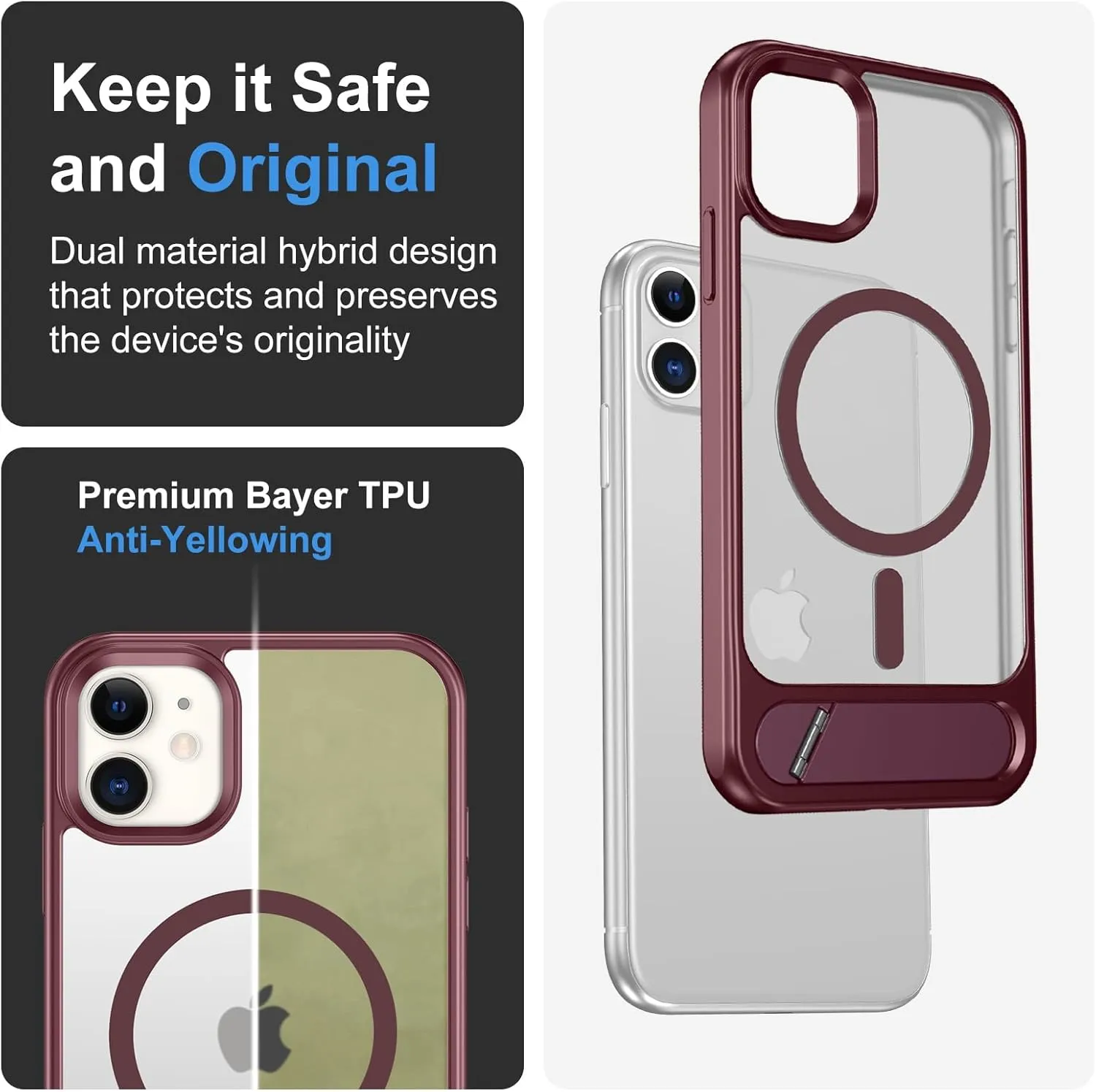 DUEDUE Magnetic for iPhone 11 Phone Case with Stand[Compatible with Magsafe], Translucent Matte Metal Kickstand Cover Shockproof Phone Case for Apple iPhone 11 6.1", Wine Red