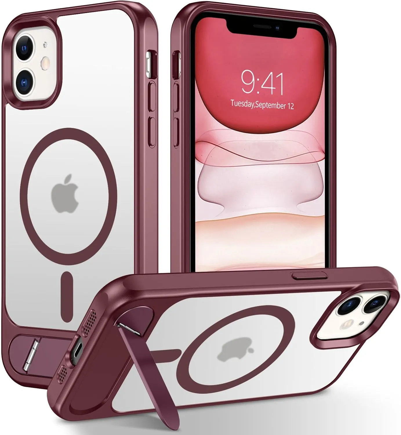 DUEDUE Magnetic for iPhone 11 Phone Case with Stand[Compatible with Magsafe], Translucent Matte Metal Kickstand Cover Shockproof Phone Case for Apple iPhone 11 6.1", Wine Red