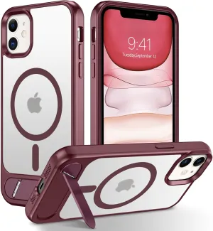 DUEDUE Magnetic for iPhone 11 Phone Case with Stand[Compatible with Magsafe], Translucent Matte Metal Kickstand Cover Shockproof Phone Case for Apple iPhone 11 6.1", Wine Red