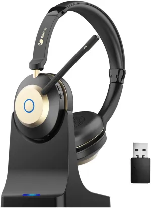 Earbay Bluetooth Headset, Wireless Headset with Microphone for PC, Wireless Headphones with Mic Noise Cancelling/Mute/Charging Dock/USB Dongle, 45hrs Dual Connect Computer Phones Teams Skype Zoom