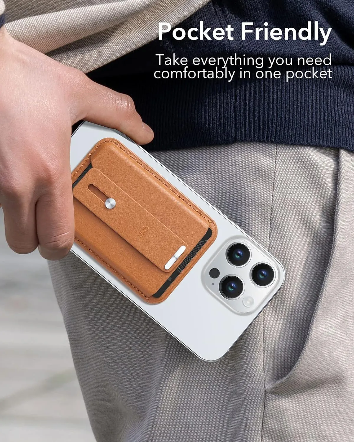 ESR for MagSafe Wallet, 3-Card Holder, Magnetic Wallet for iPhone,Vegan Leather, Secure-Grip Finger Loop, for iPhone 16/15/14/13/12 Series, Not for 13/12 Mini, Brown