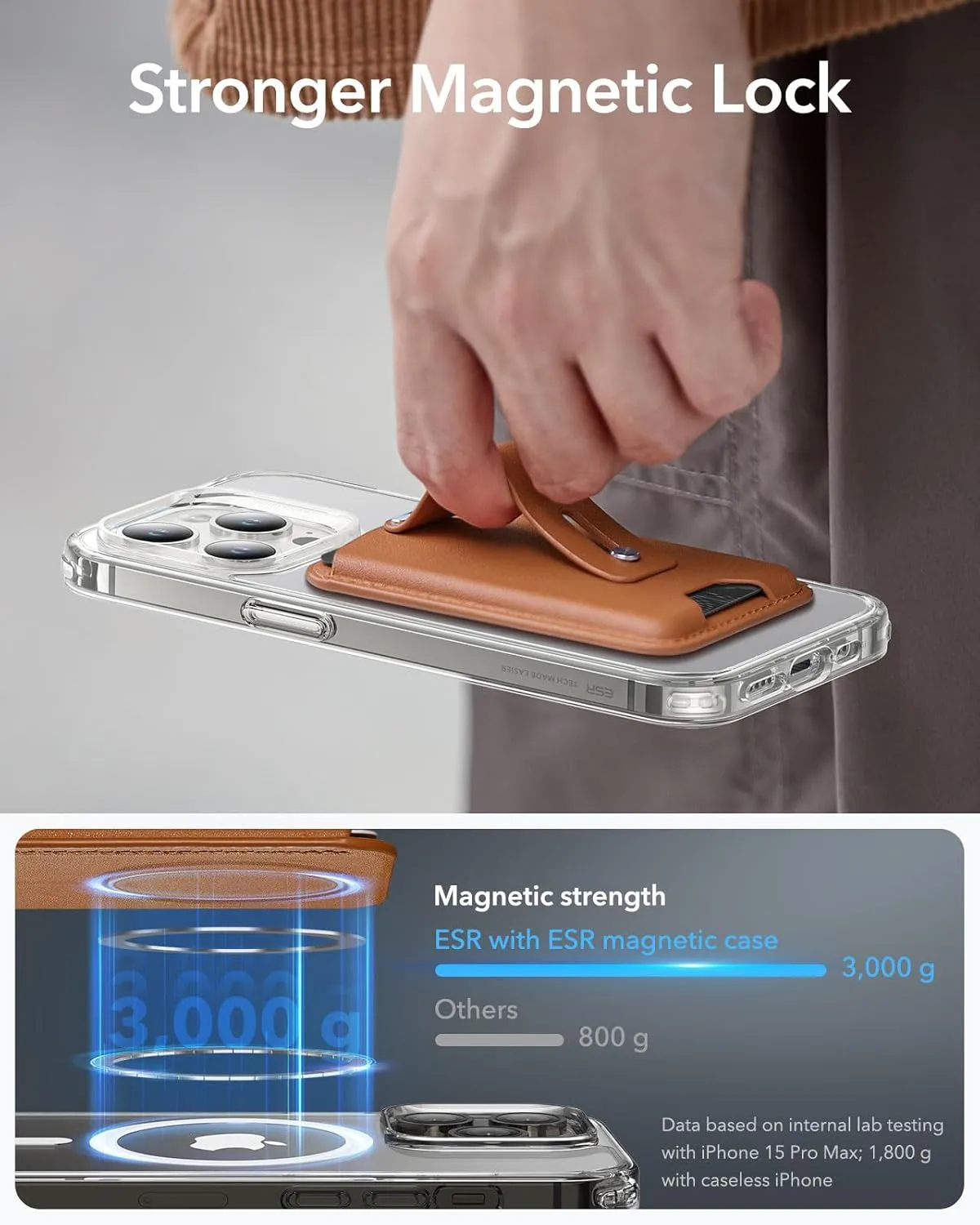 ESR for MagSafe Wallet, 3-Card Holder, Magnetic Wallet for iPhone,Vegan Leather, Secure-Grip Finger Loop, for iPhone 16/15/14/13/12 Series, Not for 13/12 Mini, Brown