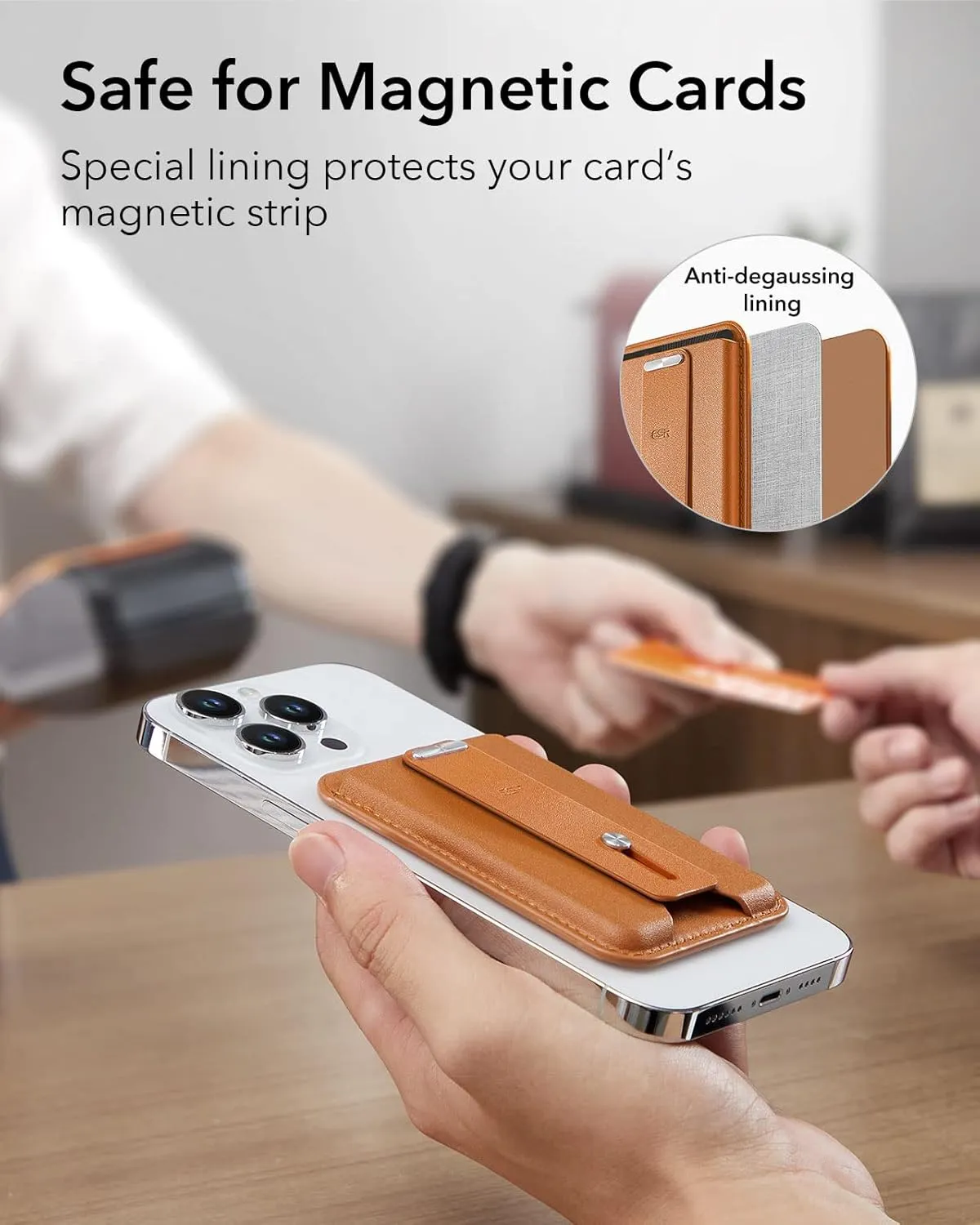 ESR for MagSafe Wallet, 3-Card Holder, Magnetic Wallet for iPhone,Vegan Leather, Secure-Grip Finger Loop, for iPhone 16/15/14/13/12 Series, Not for 13/12 Mini, Brown