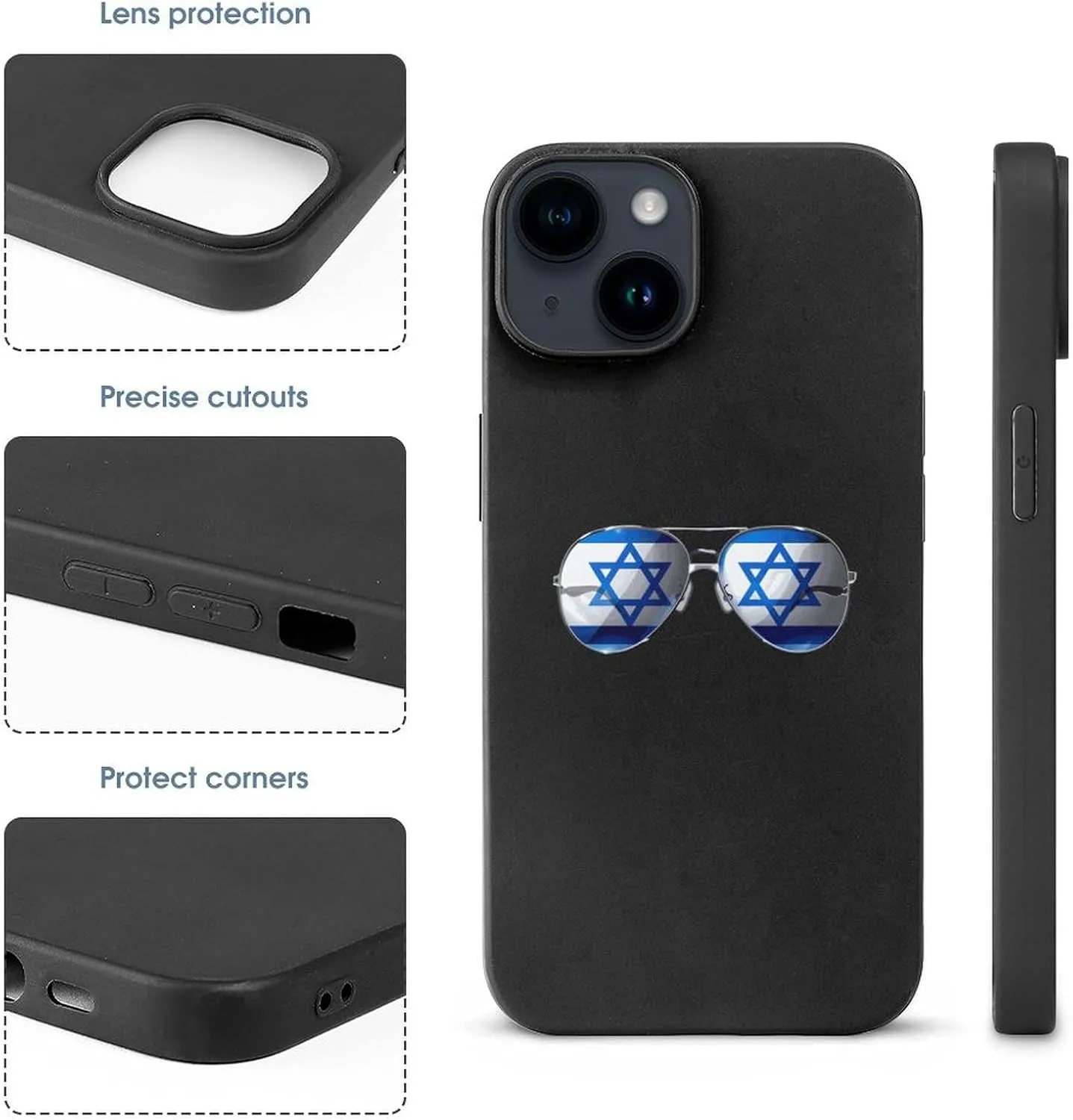 Flag Israel Glasses Phone Case Shockproof Phone Cover Non-Slip Soft Back Protective Cover Compatible with iPhone 14 iPhone 14