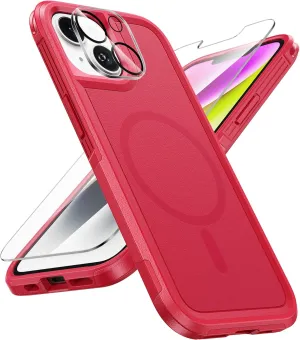FNTCASE for iPhone 13/14 Magnet Case: iPhone 16e Magnetic Dual Layer Military Grade Drop Shockproof Protection Cell Phone Cover - Rugged Durable Heavy Duty Protective Bumper Tough Red