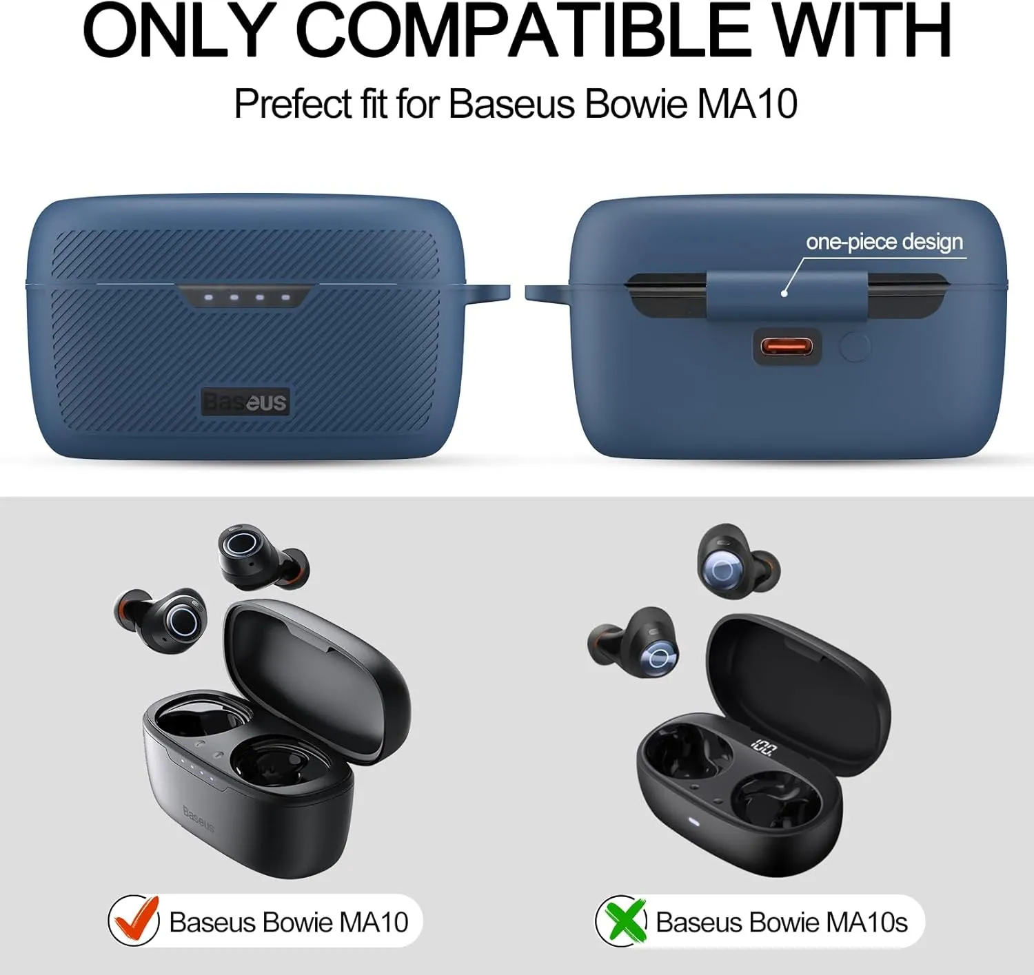 for Baseus Bowie MA10 Case, Silicone Case for Bowie MA10 Bluetooth Earbuds, Anti-Scrach Shockproof Protective Cover for Baseus MA10 Wireless Earbuds with Keychain (Blue)